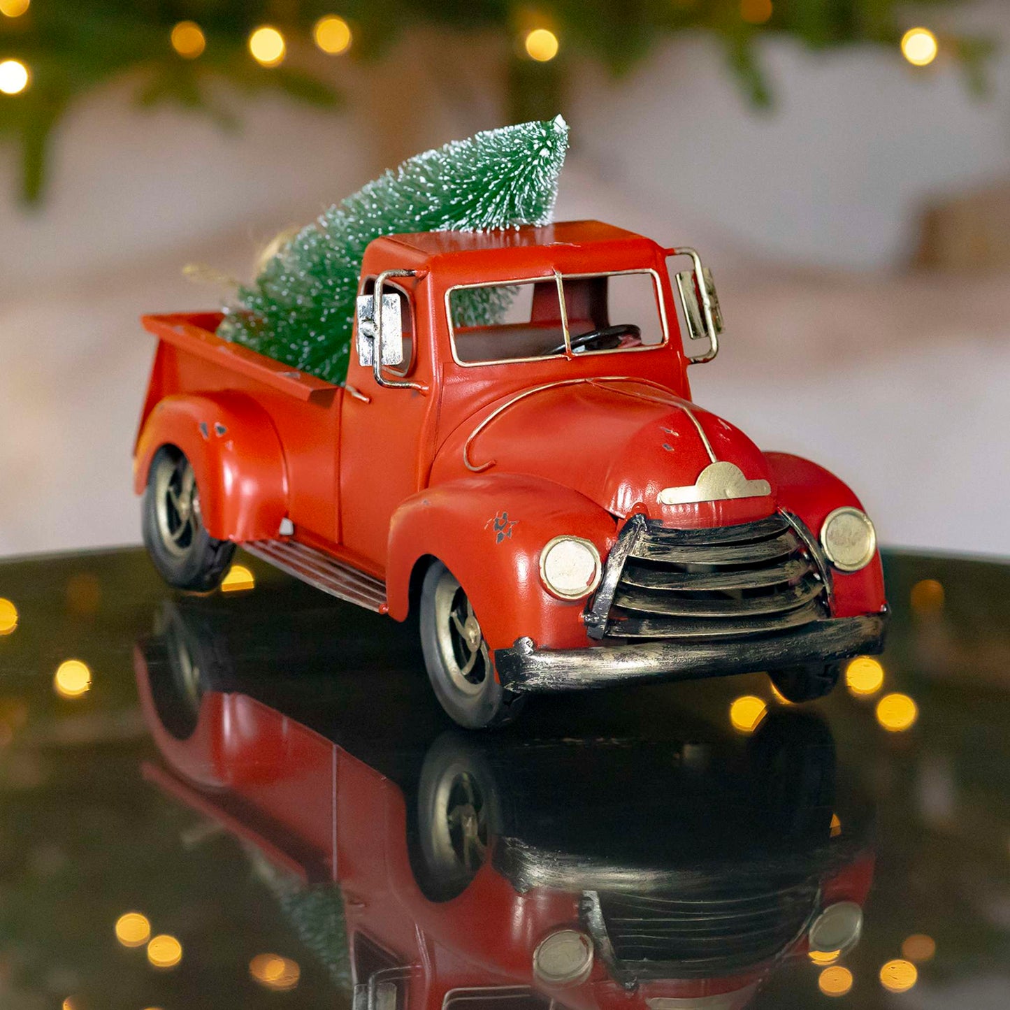 Christmas 15" Distressed Red Iron Pickup Truck with Christmas Tree