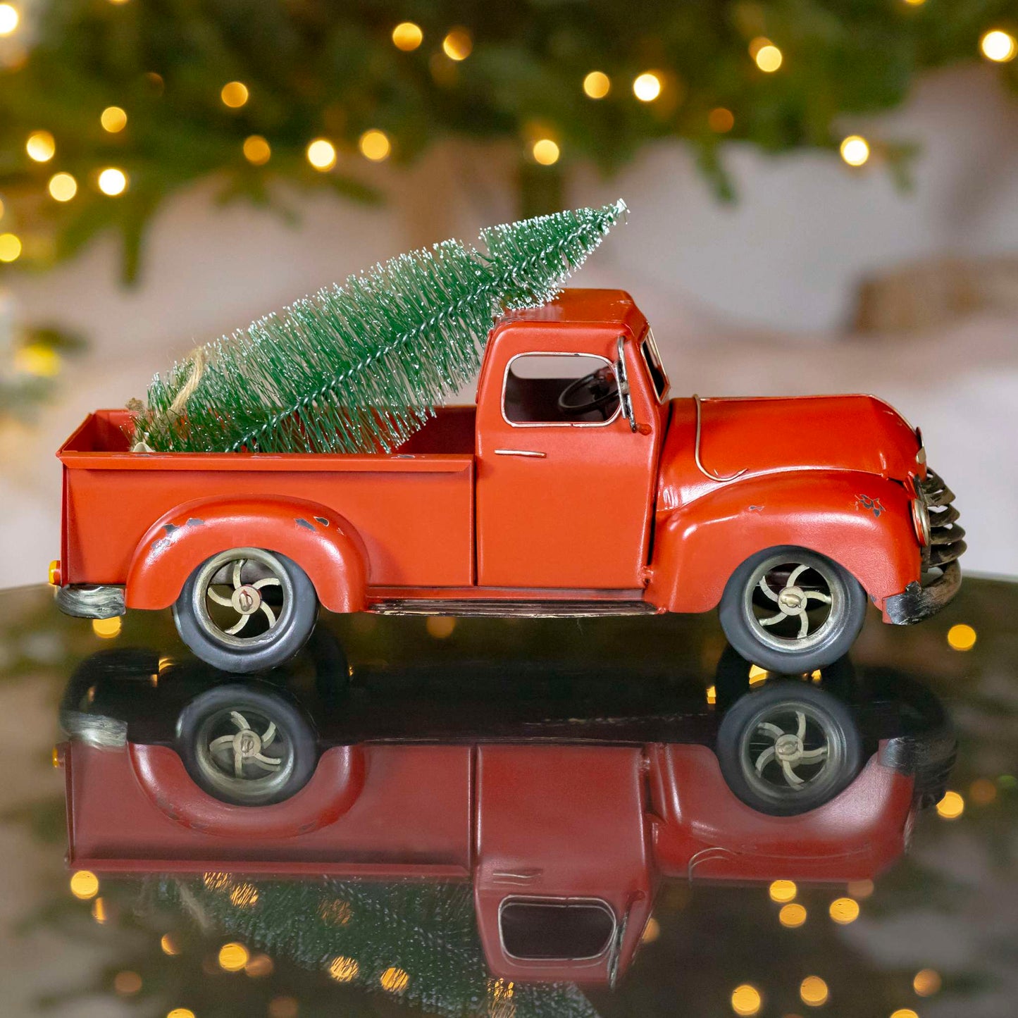 Christmas 15" Distressed Red Iron Pickup Truck with Christmas Tree