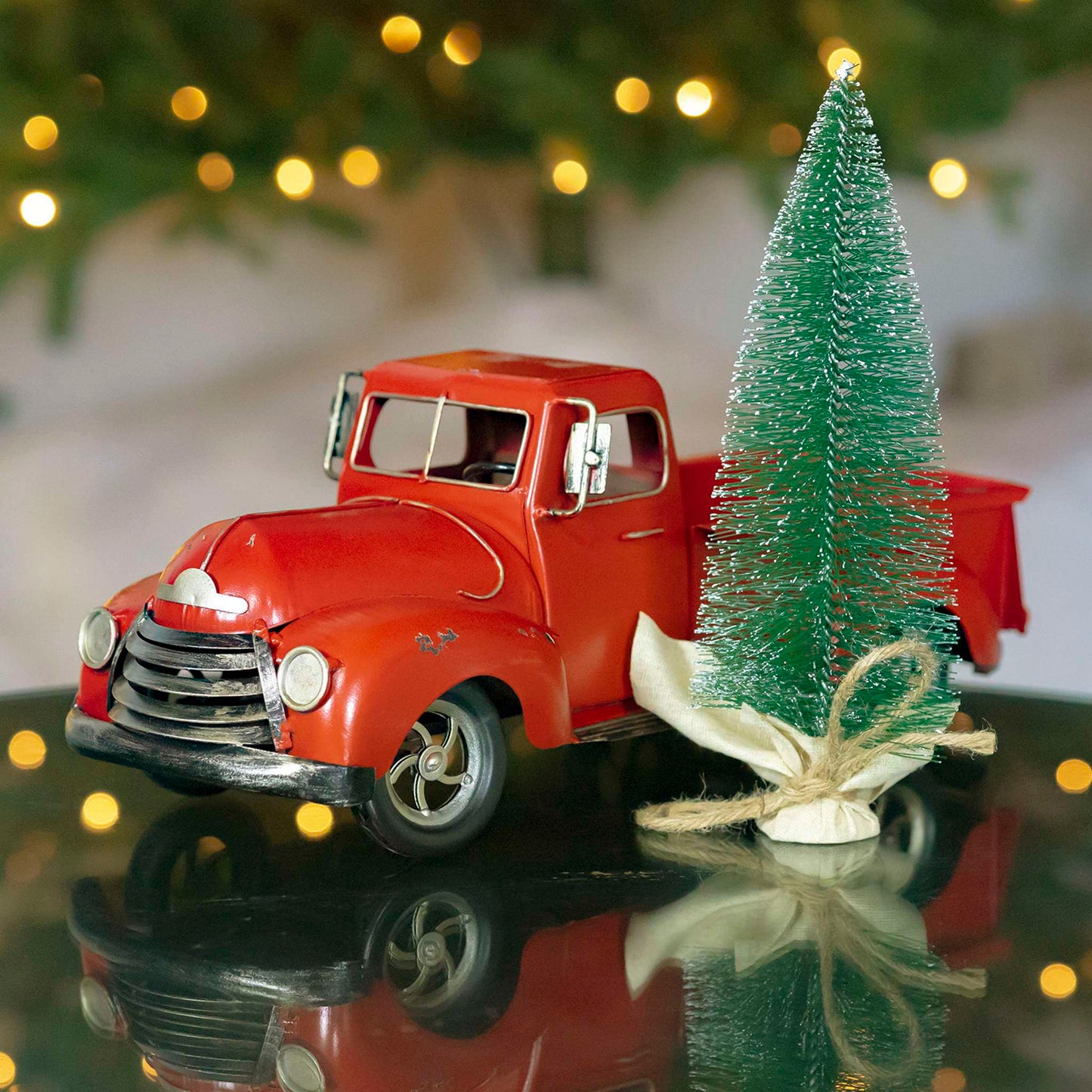 Christmas 15" Distressed Red Iron Pickup Truck with Christmas Tree