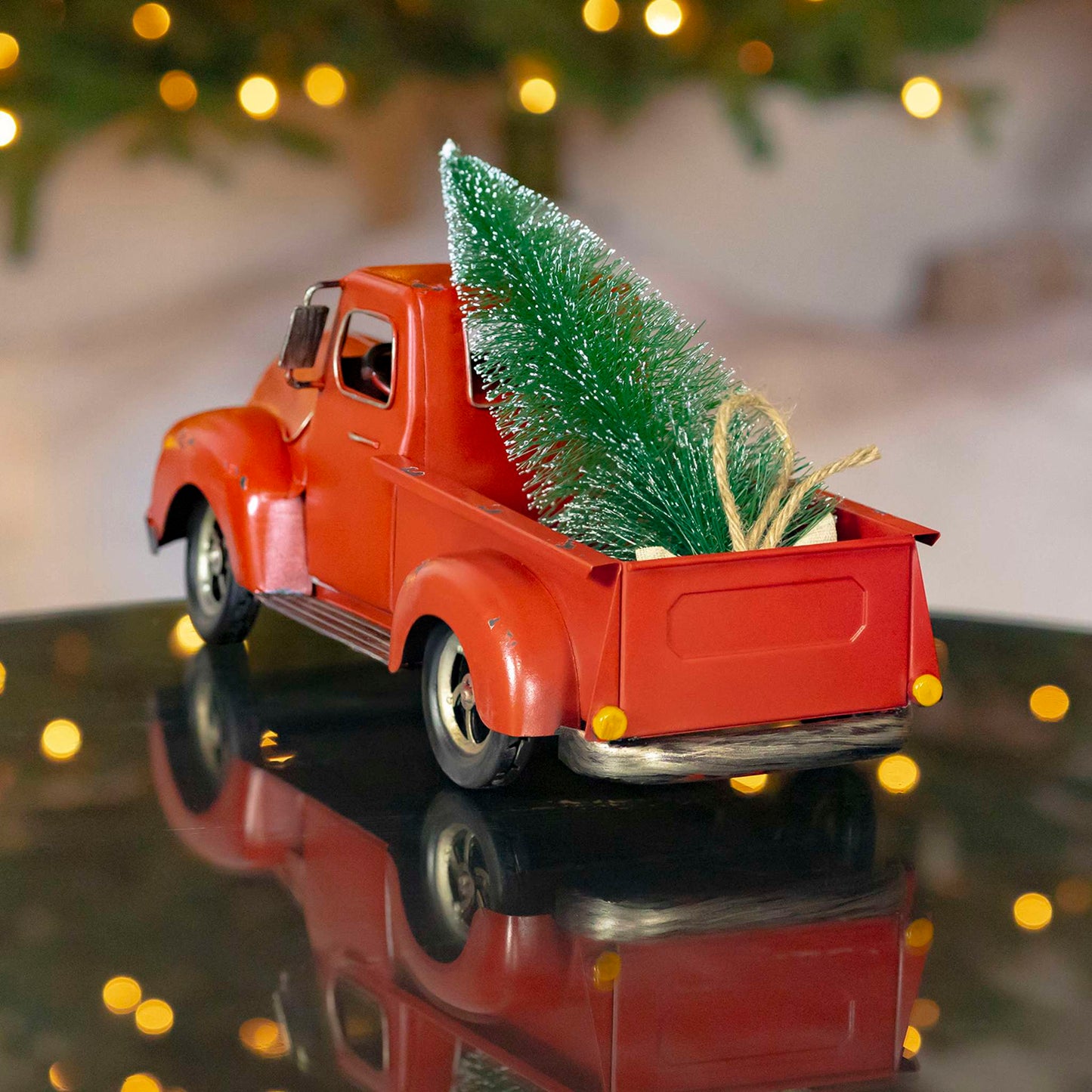 Christmas 15" Distressed Red Iron Pickup Truck with Christmas Tree