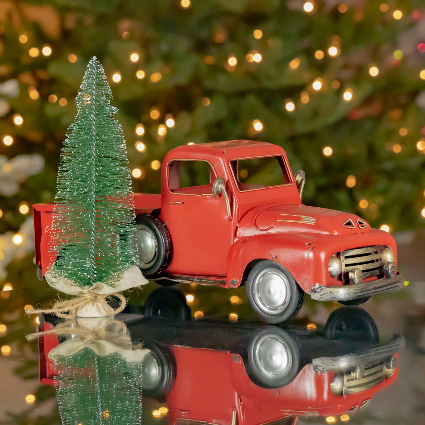 Christmas 16" Distressed Red Pickup Truck with Christmas Tree