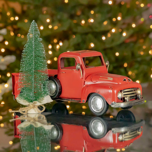 Christmas 16" Distressed Red Pickup Truck with Christmas Tree