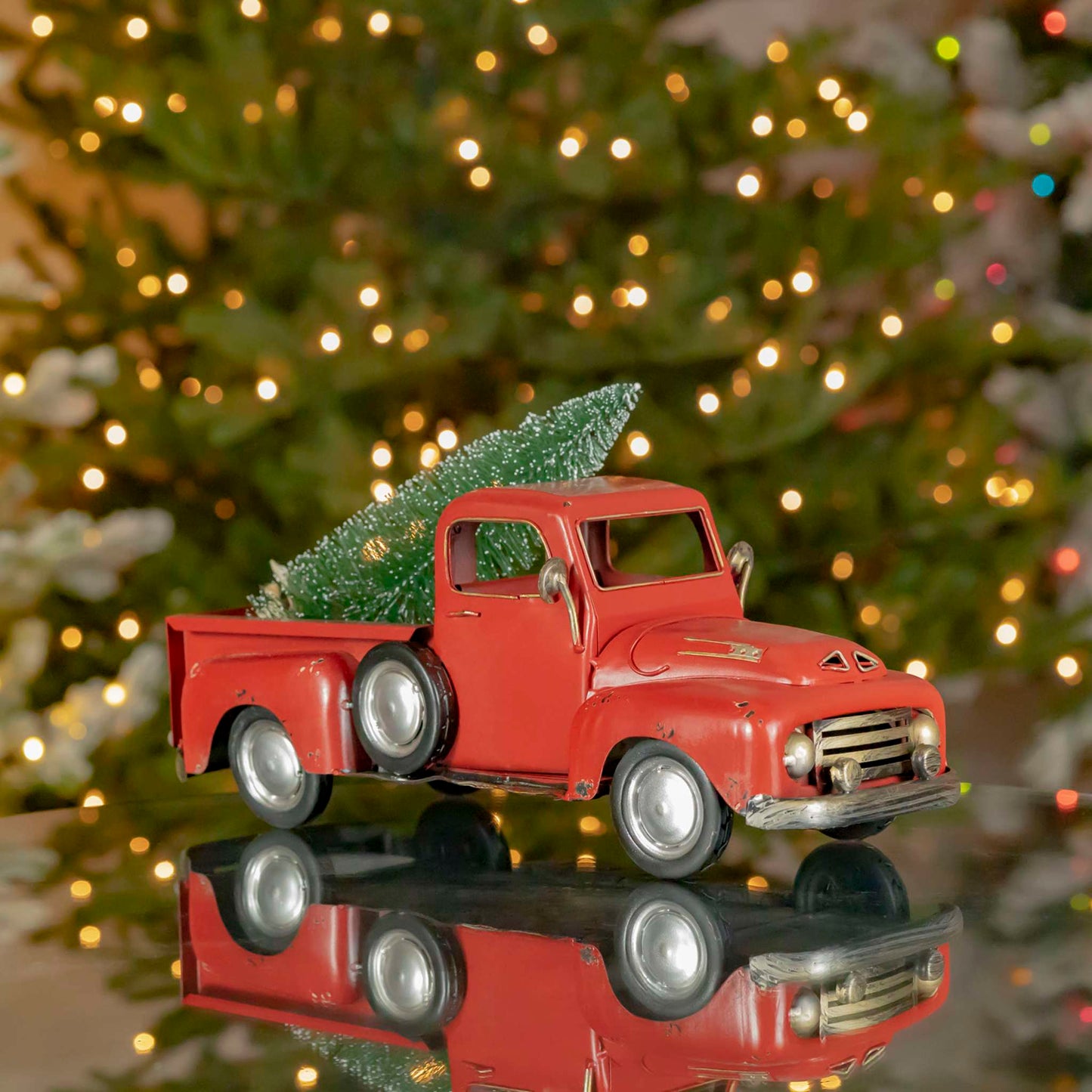 Christmas 16" Distressed Red Pickup Truck with Christmas Tree