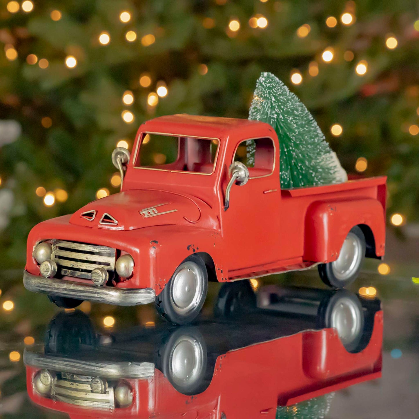 Christmas 16" Distressed Red Pickup Truck with Christmas Tree