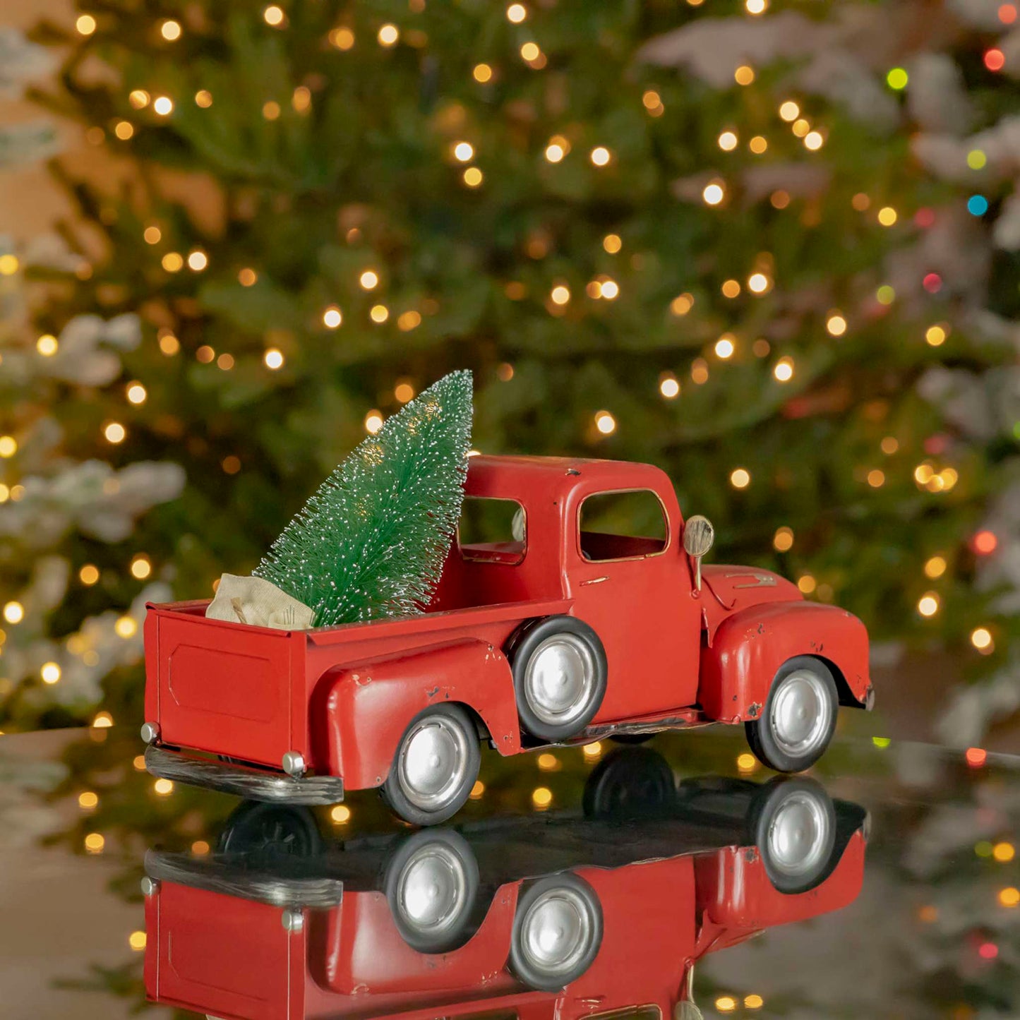 Christmas 16" Distressed Red Pickup Truck with Christmas Tree