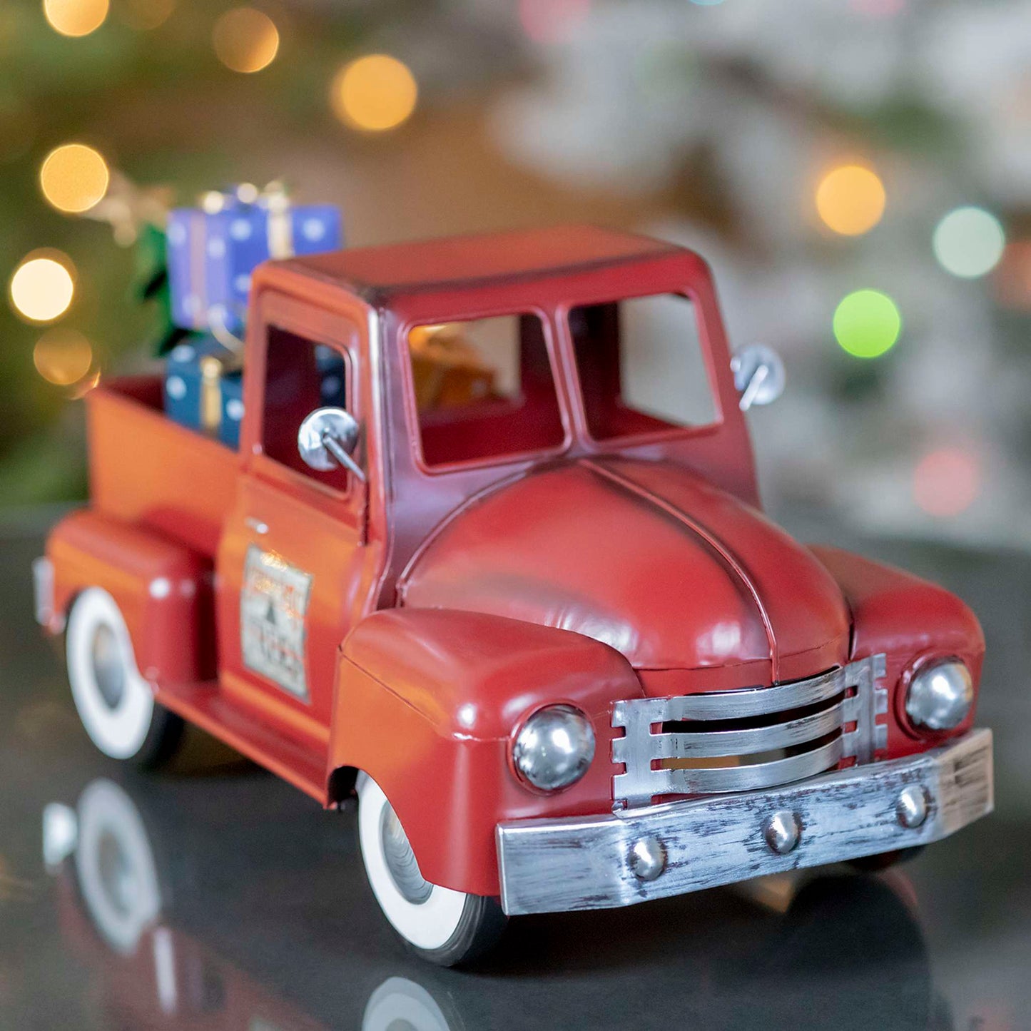 Christmas Mini Metal Truck with Christmas Tree and Gifts in Antique Red