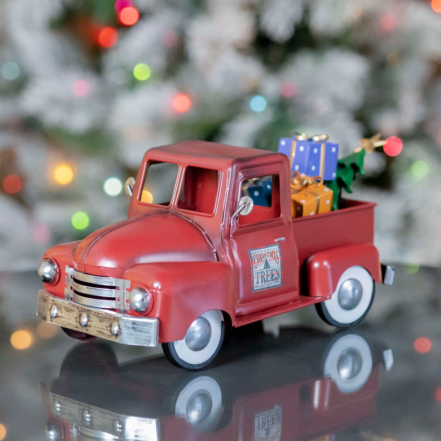 Christmas Mini Metal Truck with Christmas Tree and Gifts in Antique Red