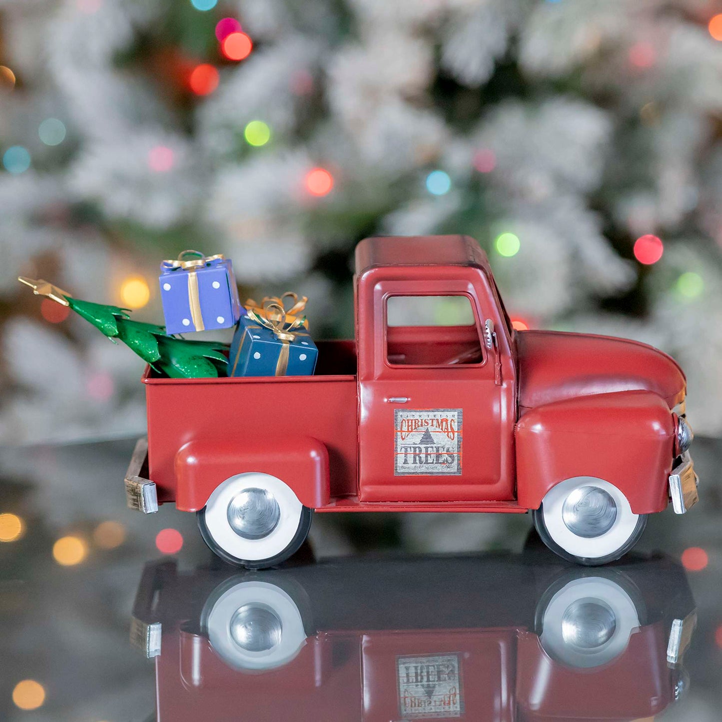 Christmas Mini Metal Truck with Christmas Tree and Gifts in Antique Red