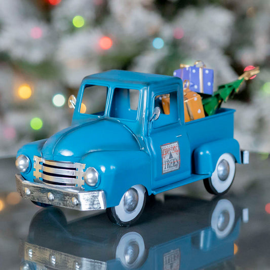 Christmas Mini Metal Truck with Christmas Tree and Gifts in Antique Blue