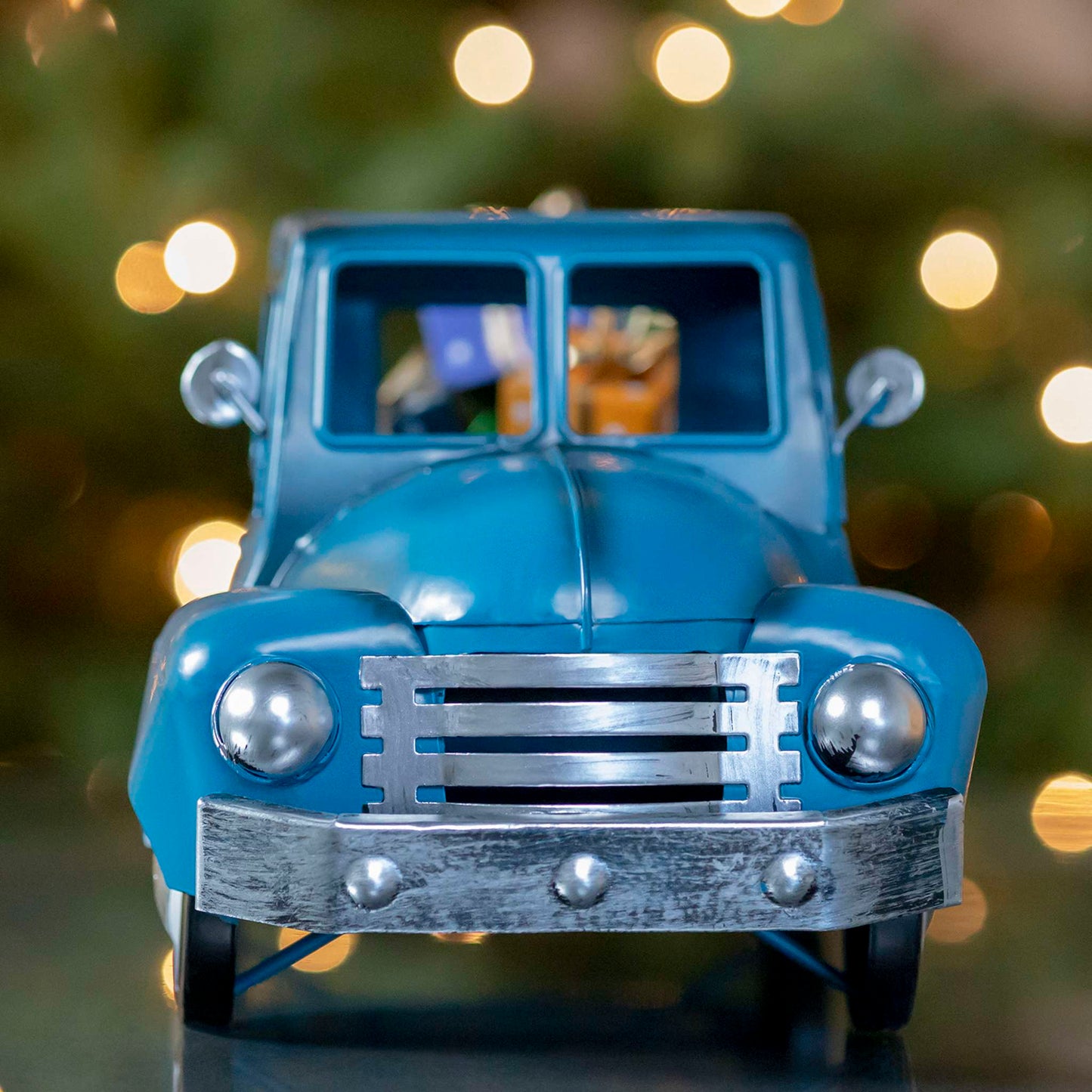 Christmas Mini Metal Truck with Christmas Tree and Gifts in Antique Blue