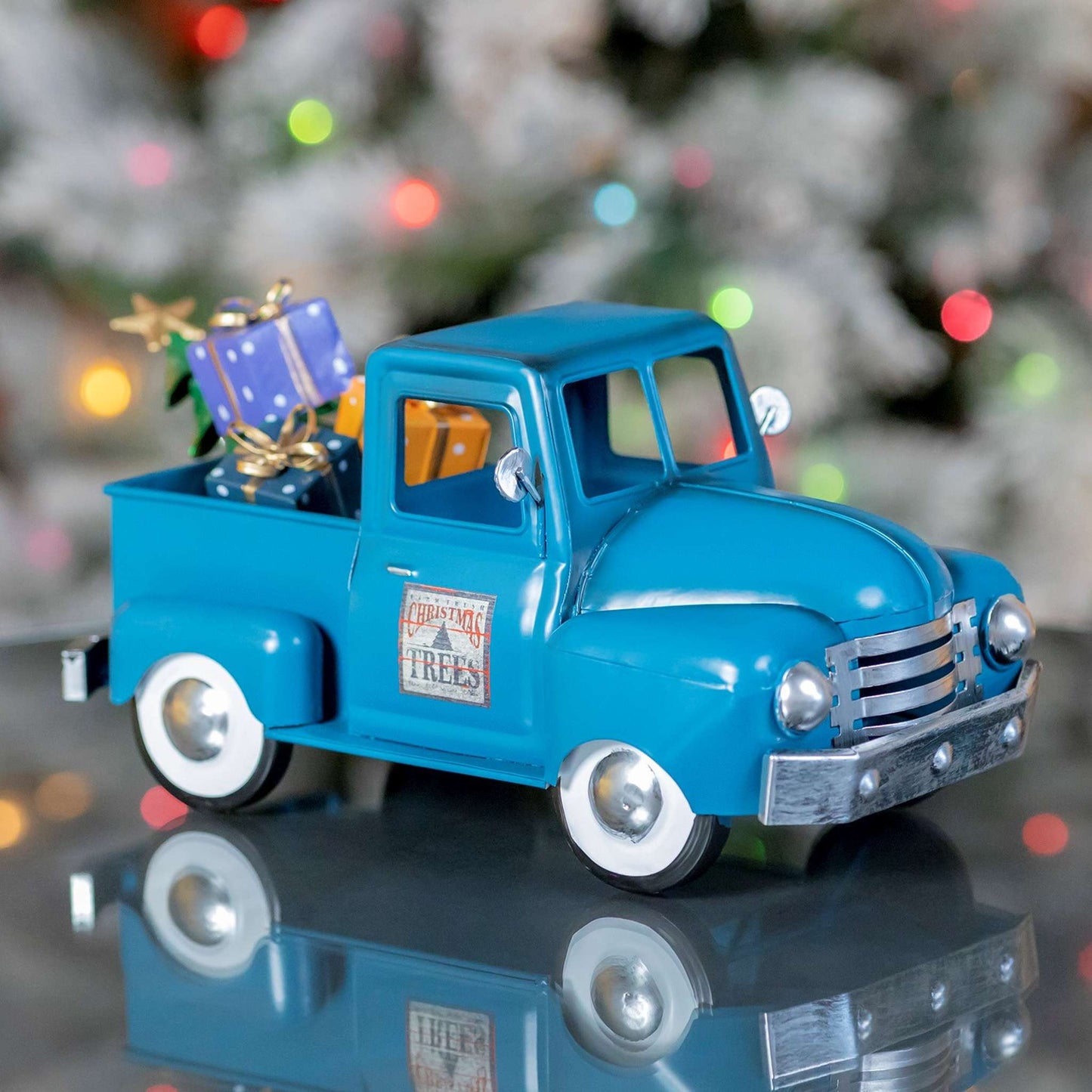 Christmas Mini Metal Truck with Christmas Tree and Gifts in Antique Blue