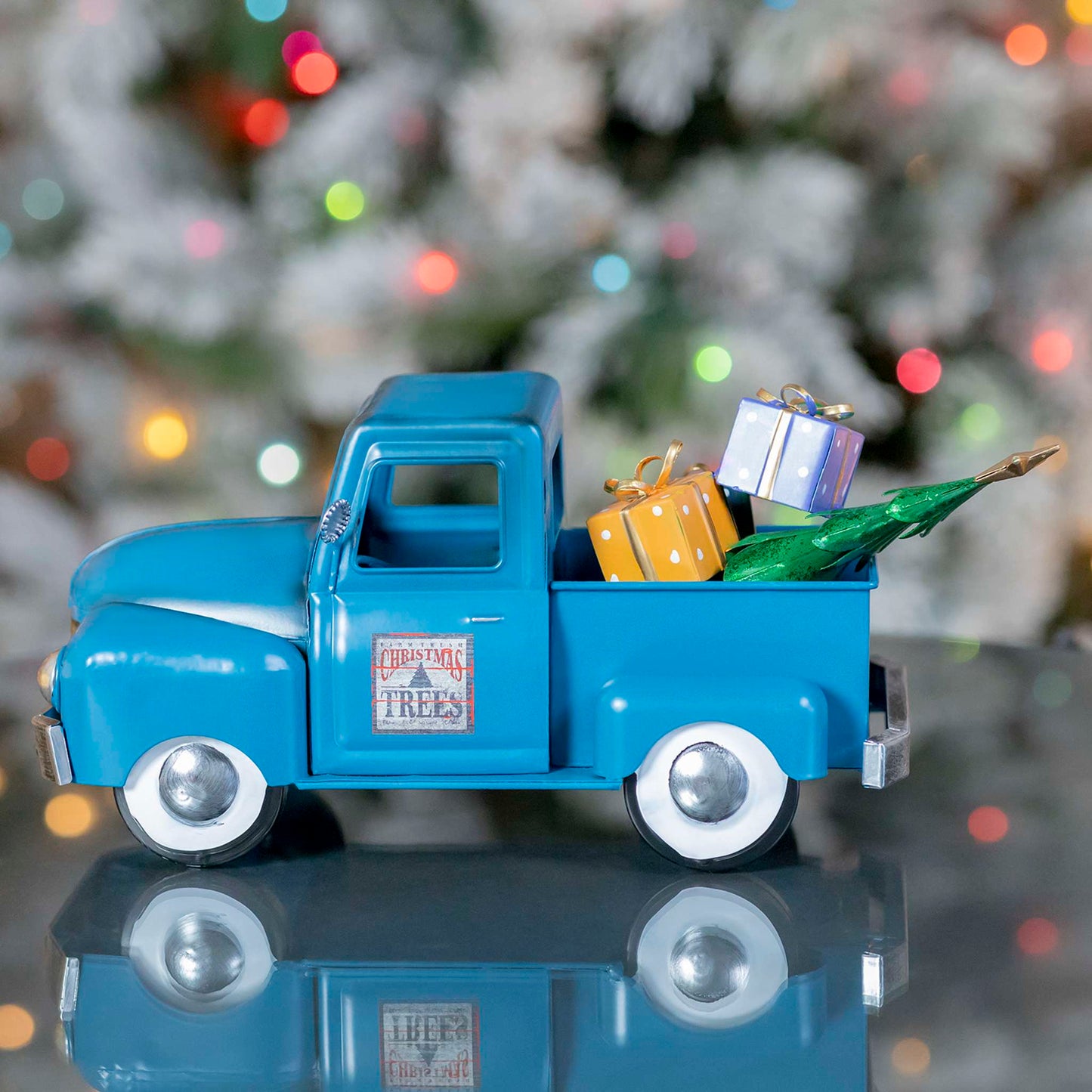 Christmas Mini Metal Truck with Christmas Tree and Gifts in Antique Blue