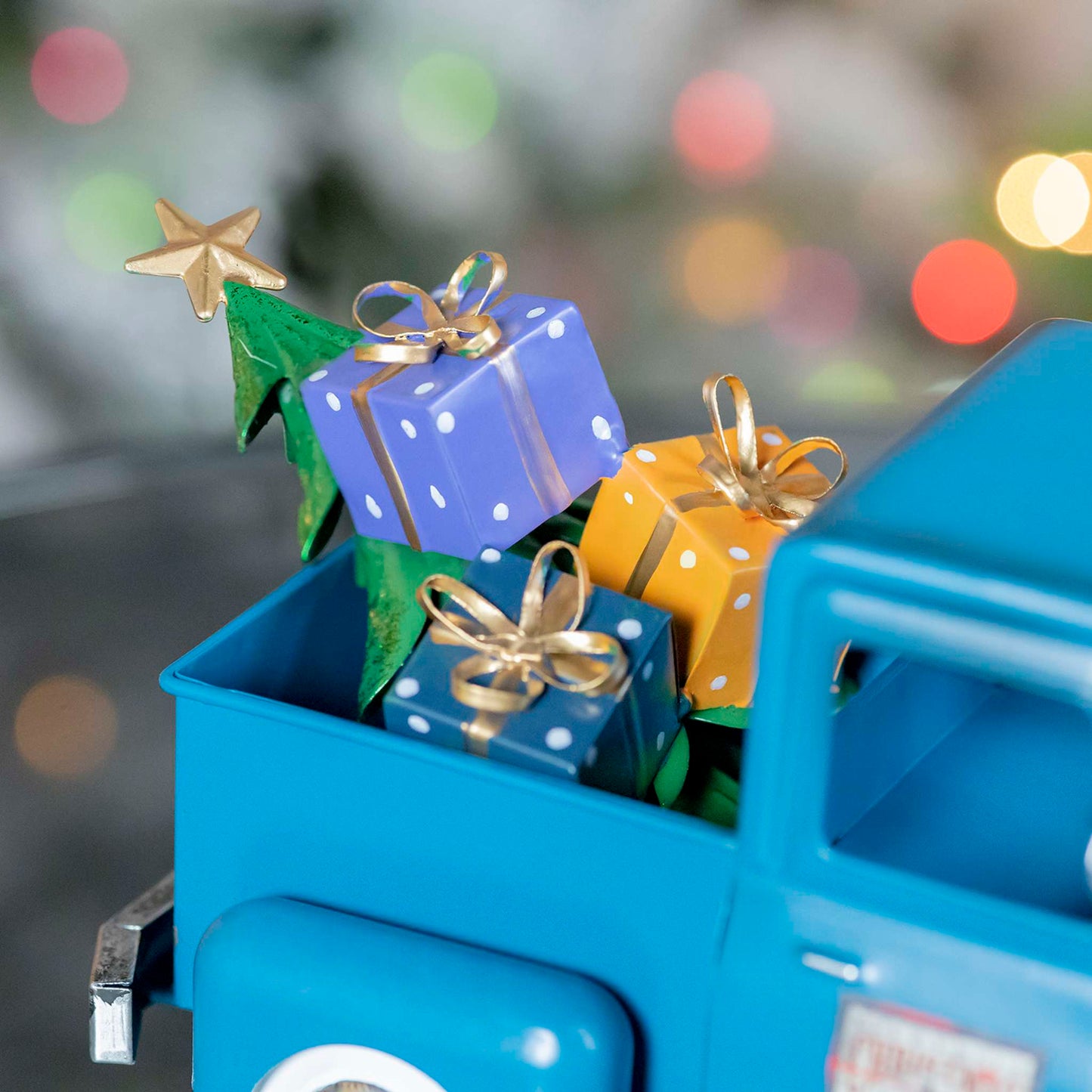 Christmas Mini Metal Truck with Christmas Tree and Gifts in Antique Blue