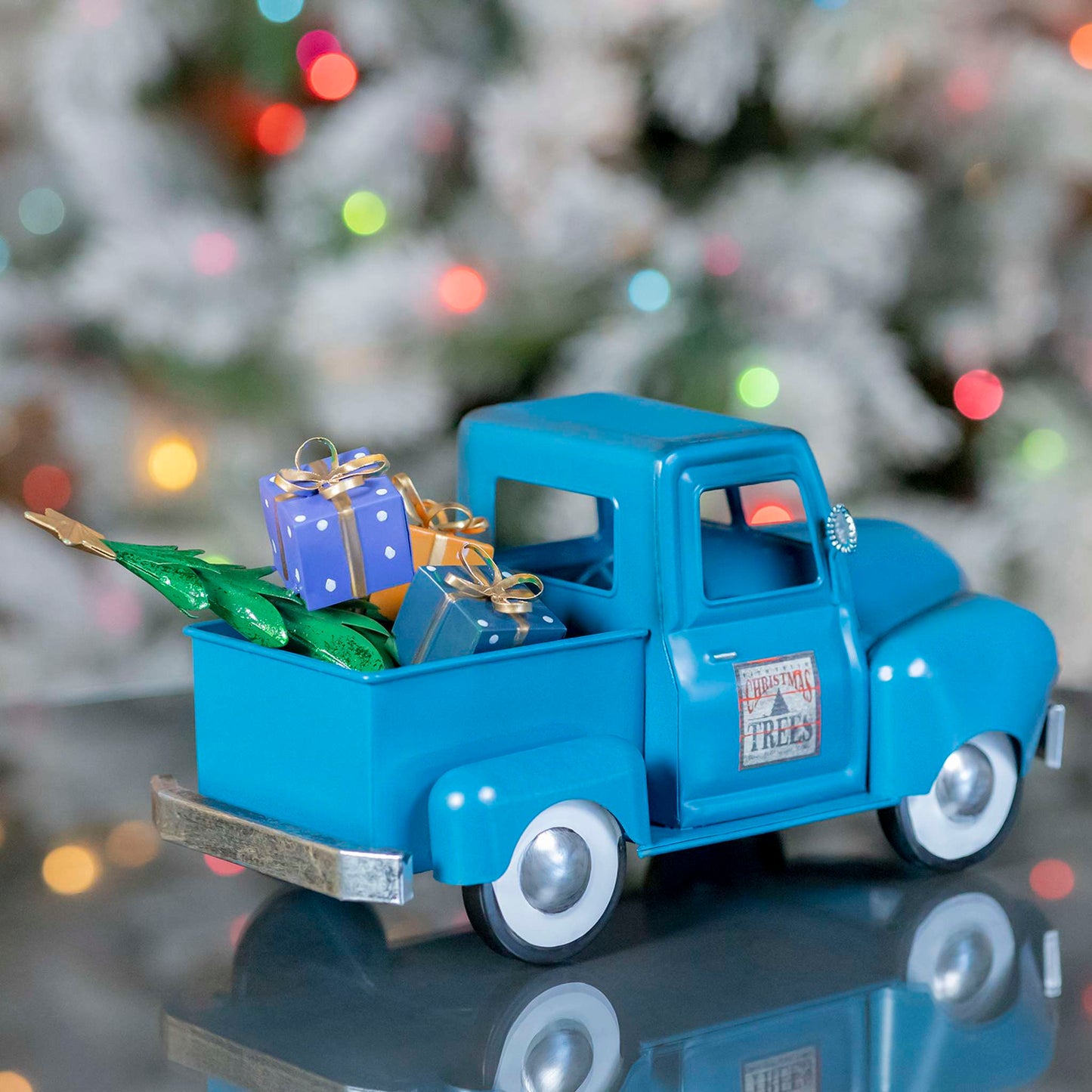 Christmas Mini Metal Truck with Christmas Tree and Gifts in Antique Blue