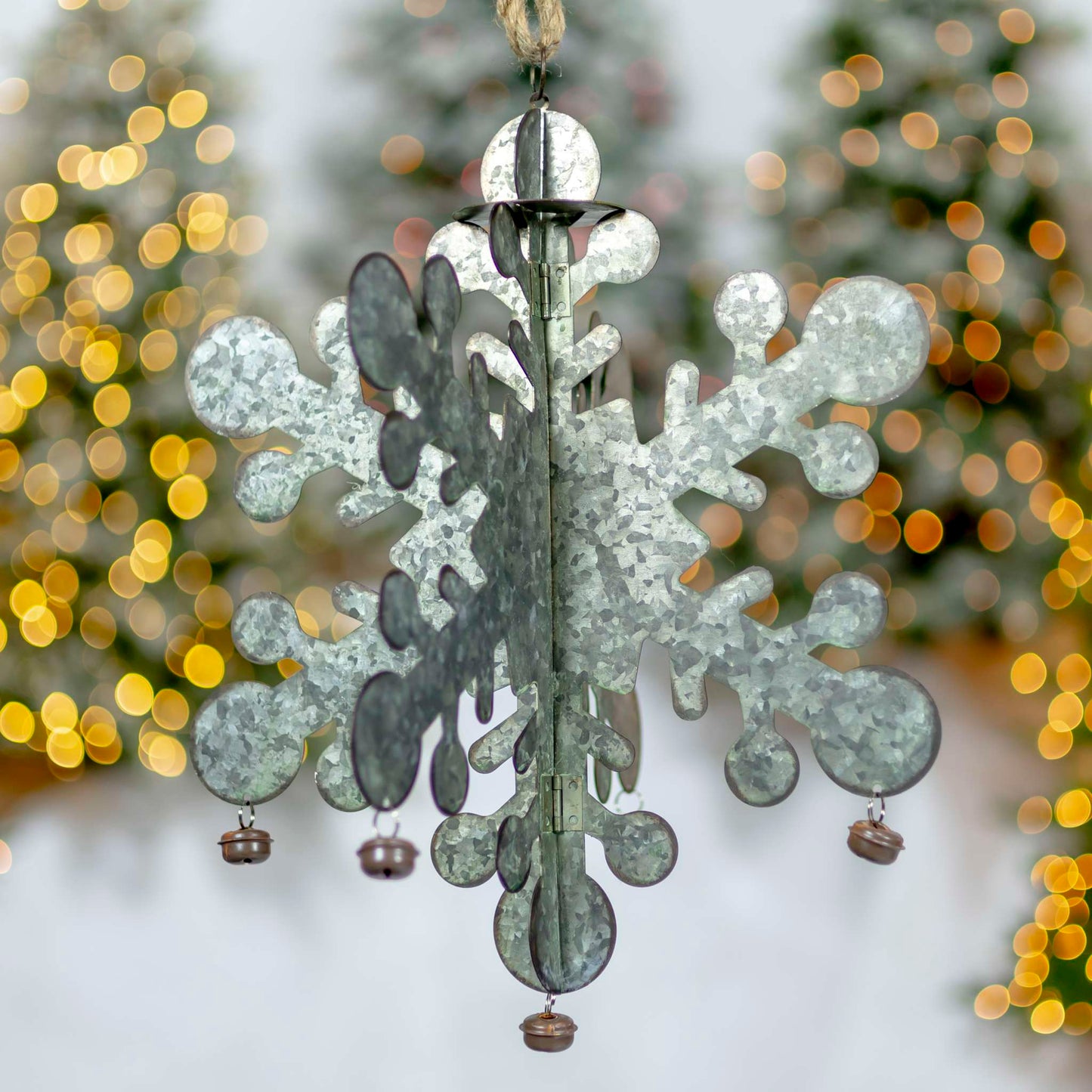 Christmas Set of 6 Hanging Galvanized Folding Snowflakes with Bells