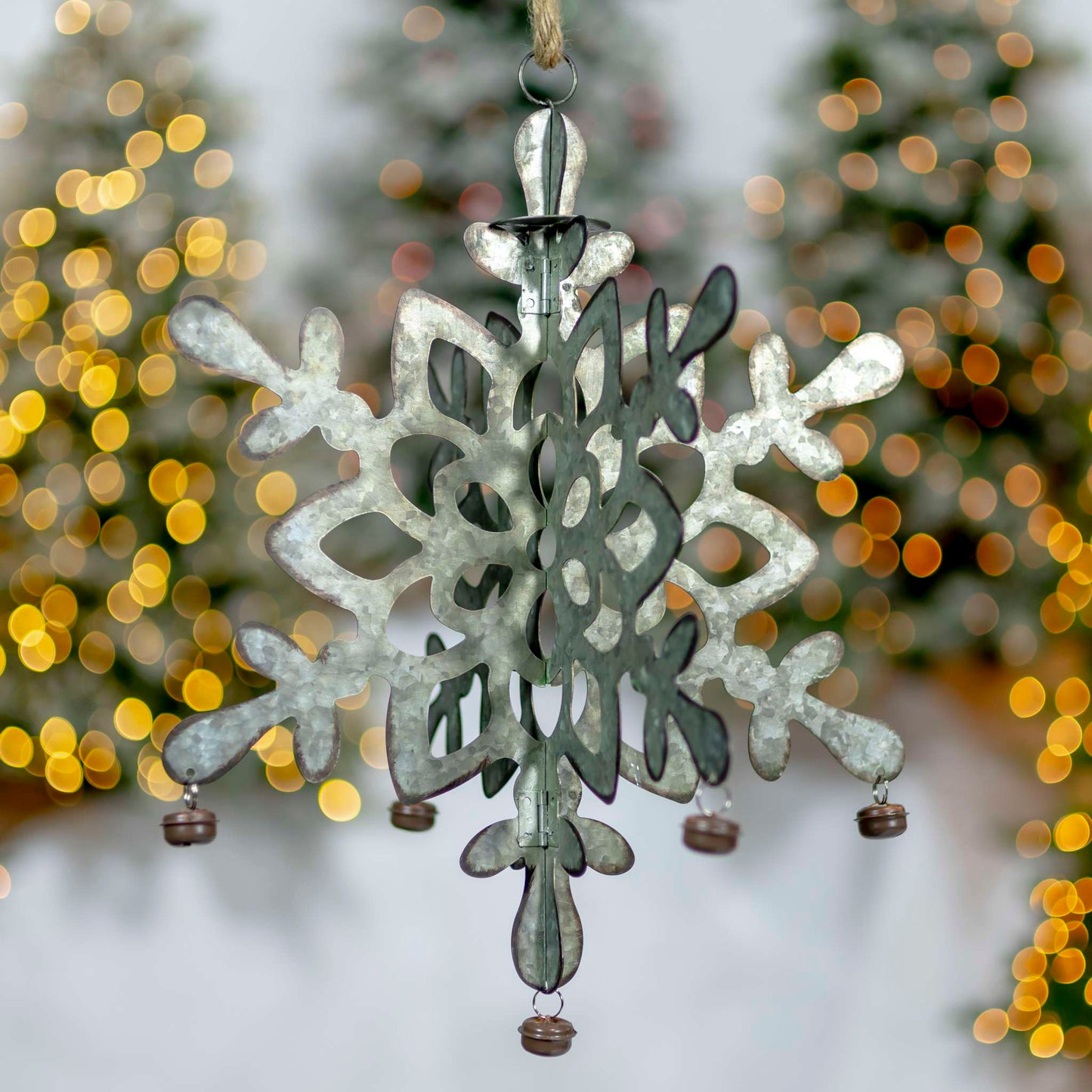 Christmas Set of 6 Hanging Galvanized Folding Snowflakes with Bells