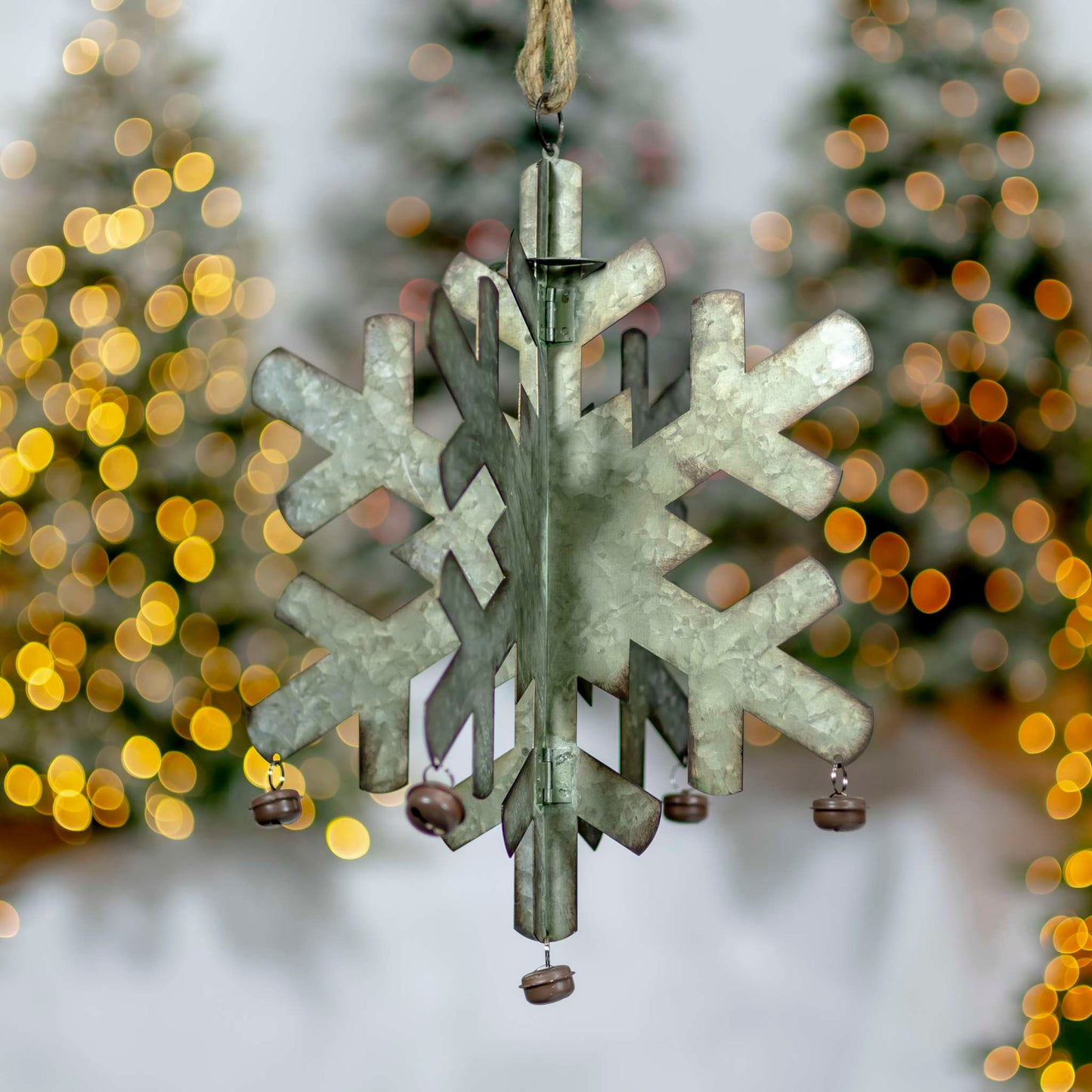 Christmas Set of 6 Hanging Galvanized Folding Snowflakes with Bells