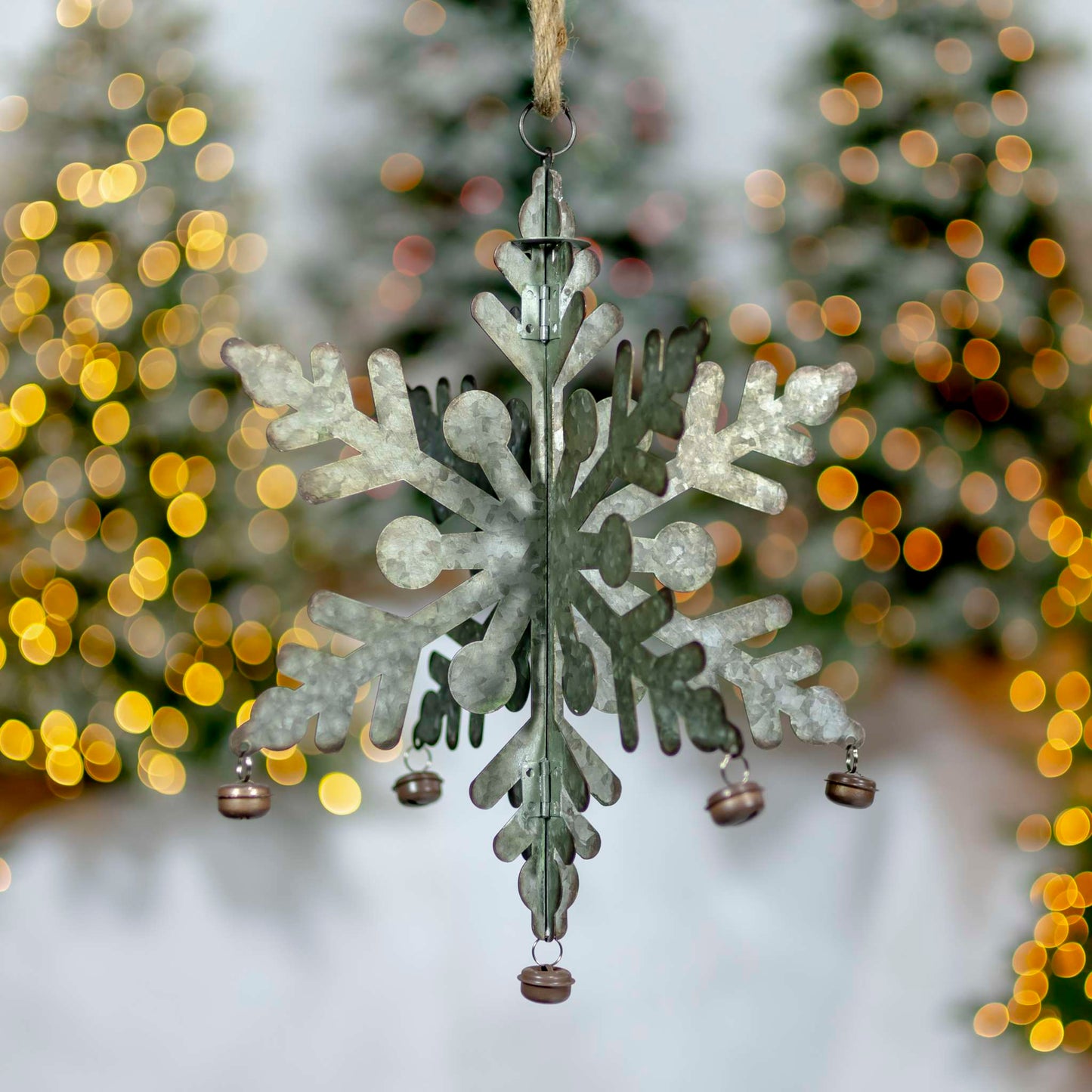 Christmas Set of 6 Hanging Galvanized Folding Snowflakes with Bells