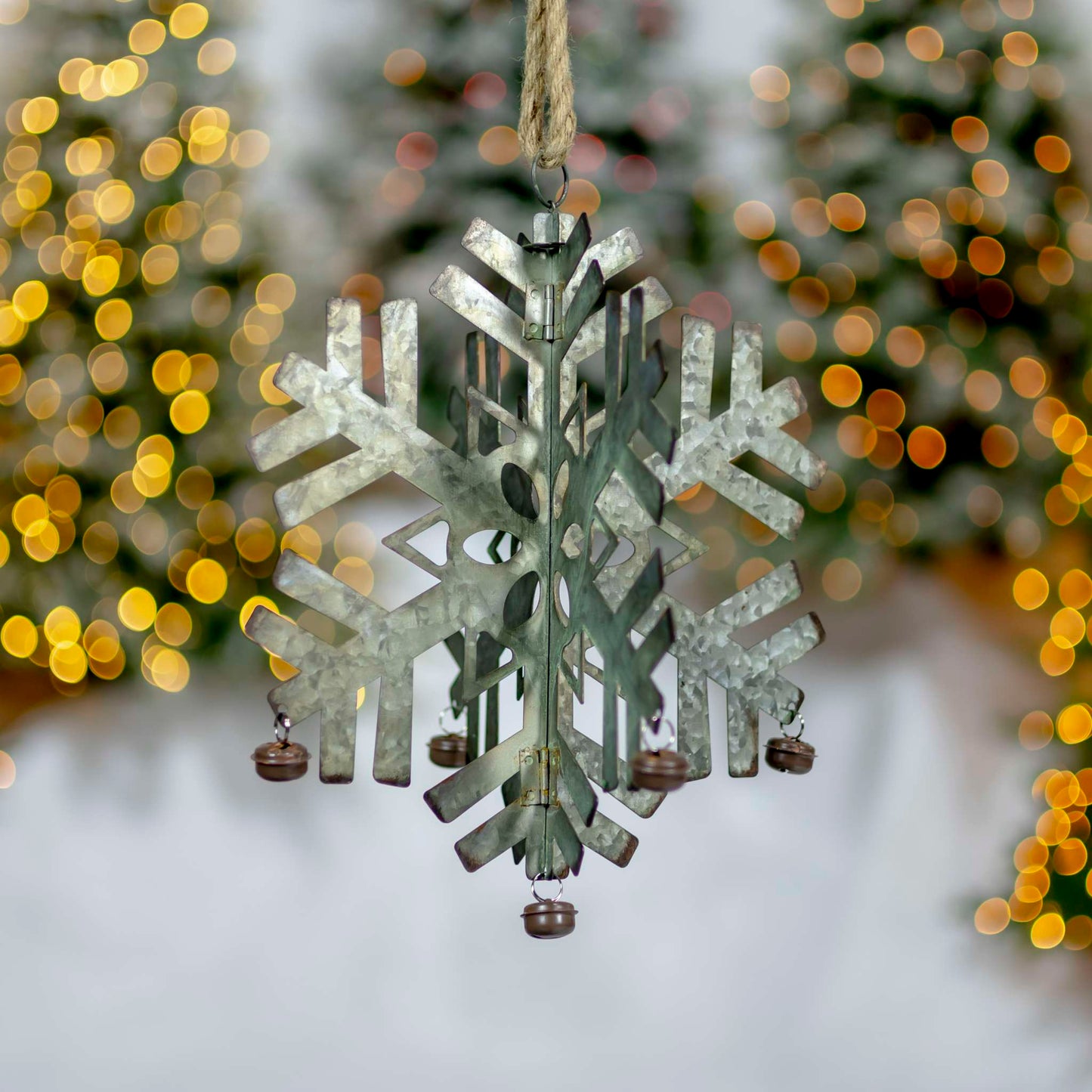 Christmas Set of 6 Hanging Galvanized Folding Snowflakes with Bells