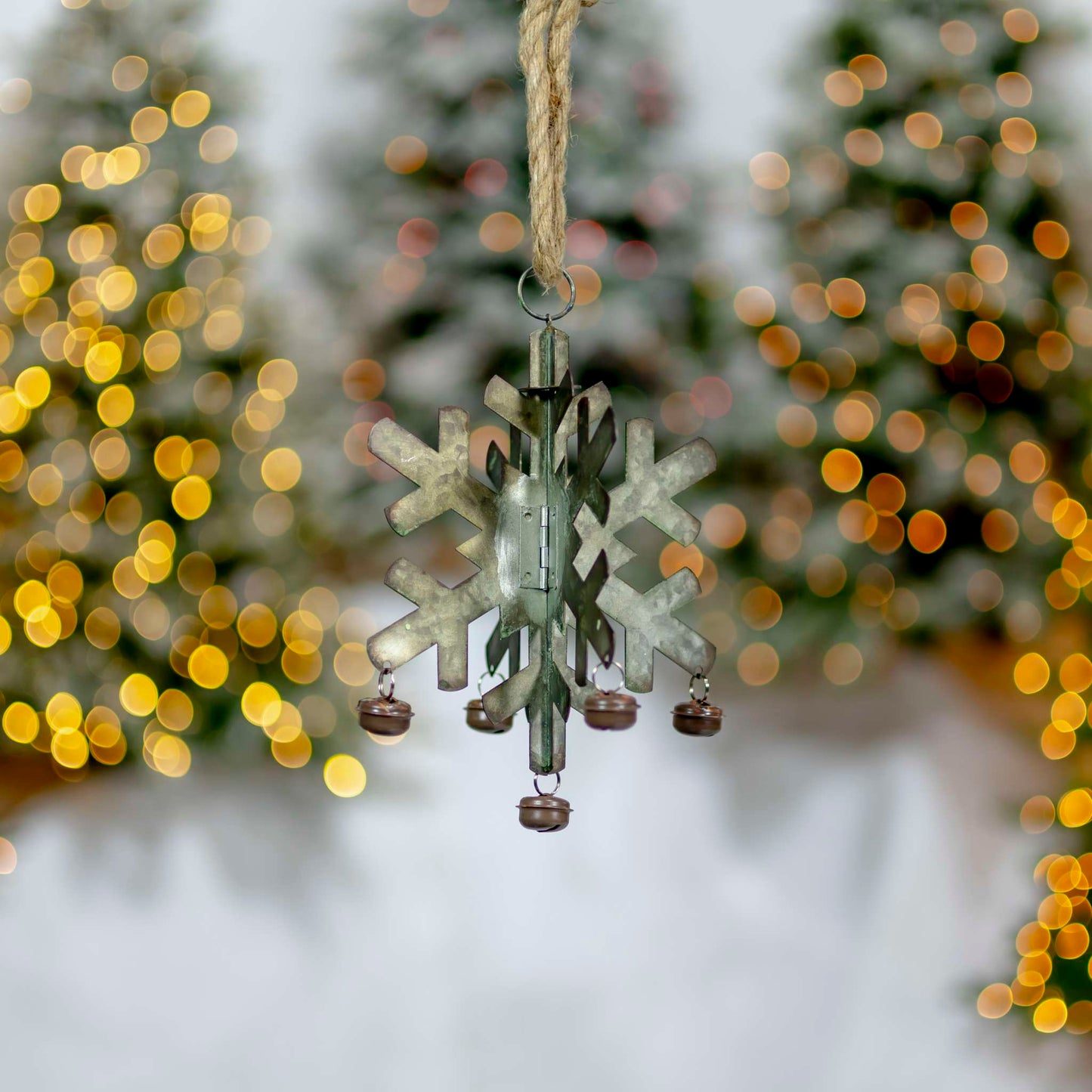 Christmas Set of 6 Hanging Galvanized Folding Snowflakes with Bells