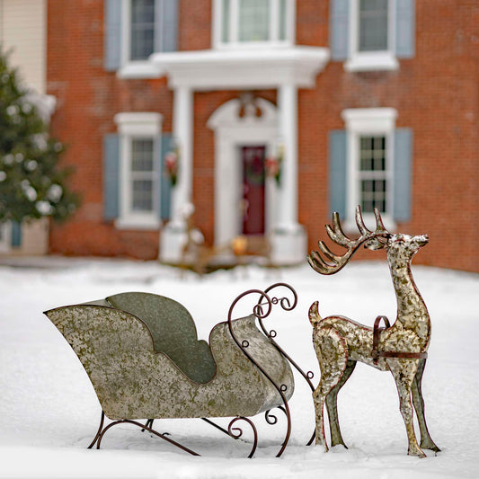 Christmas Large Galvanized Reindeer and Sleigh  Decoration