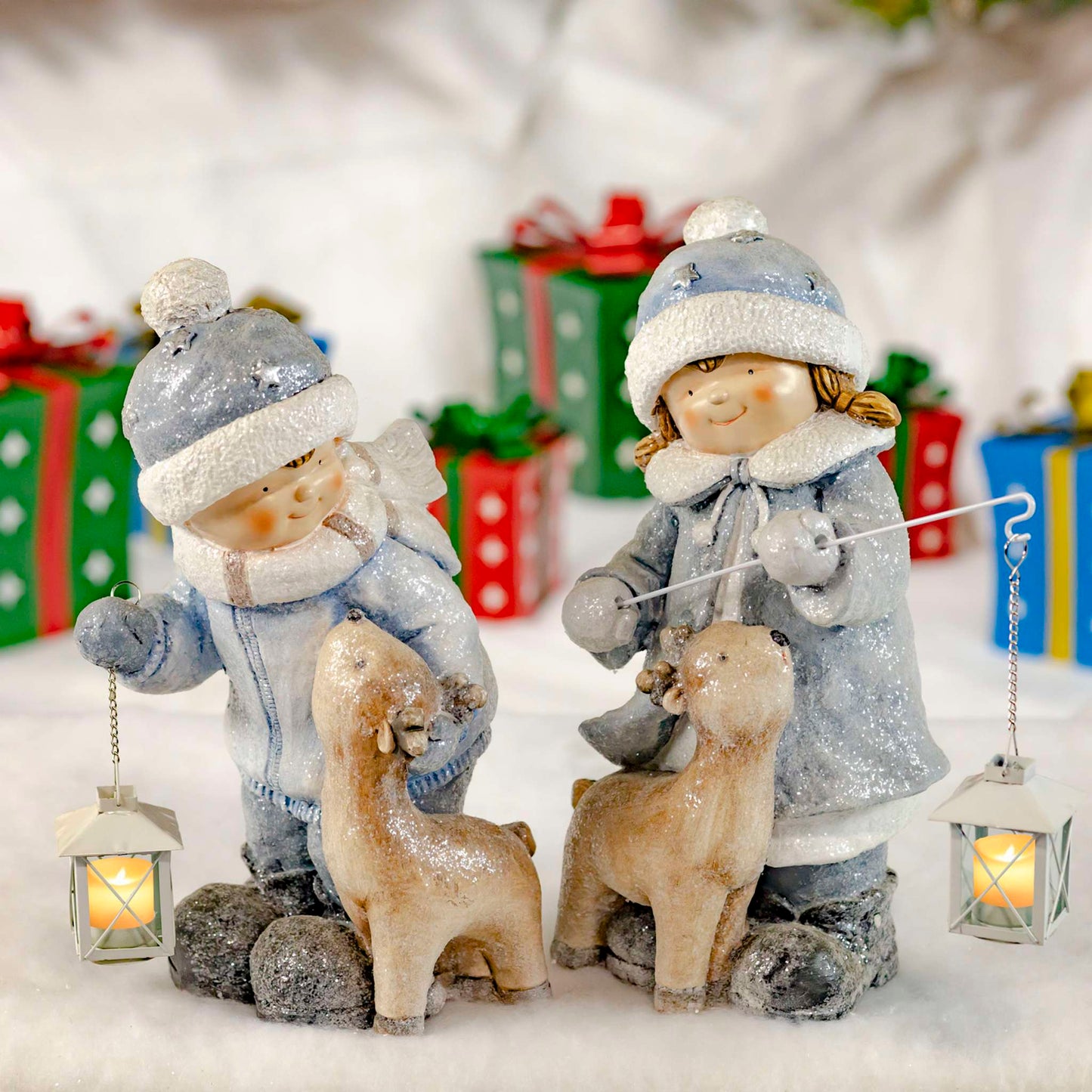 Christmas Set of 2 Tushka Figurines Holding Lanterns with Baby Deer