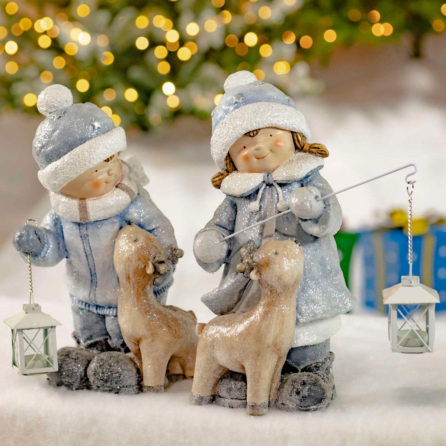 Christmas Set of 2 Tushka Figurines Holding Lanterns with Baby Deer