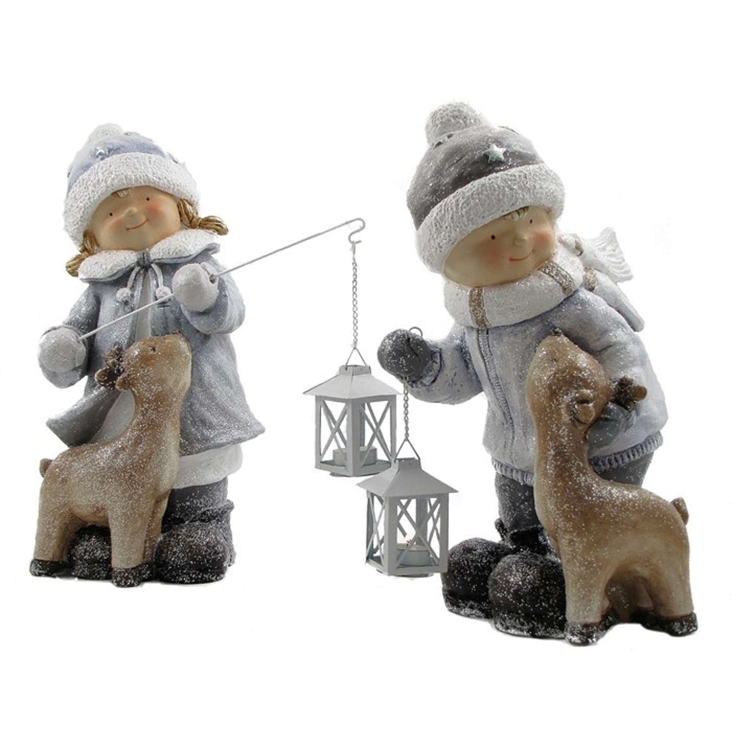 Christmas Set of 2 Tushka Figurines Holding Lanterns with Baby Deer