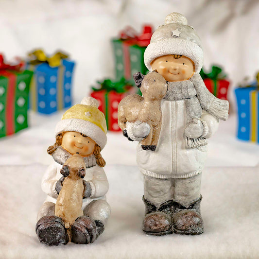 Christmas Set of 2 Tushka Snow Children in White Holding Baby Reindeer