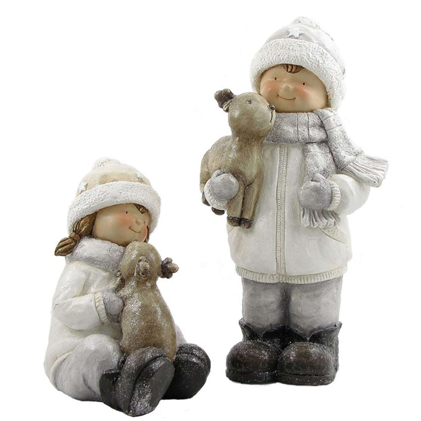 Christmas Set of 2 Tushka Snow Children in White Holding Baby Reindeer