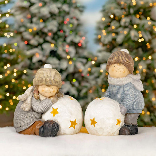 Christmas Set of 2 Tushka Figurines and Snowball Candleholders with Star Cutouts