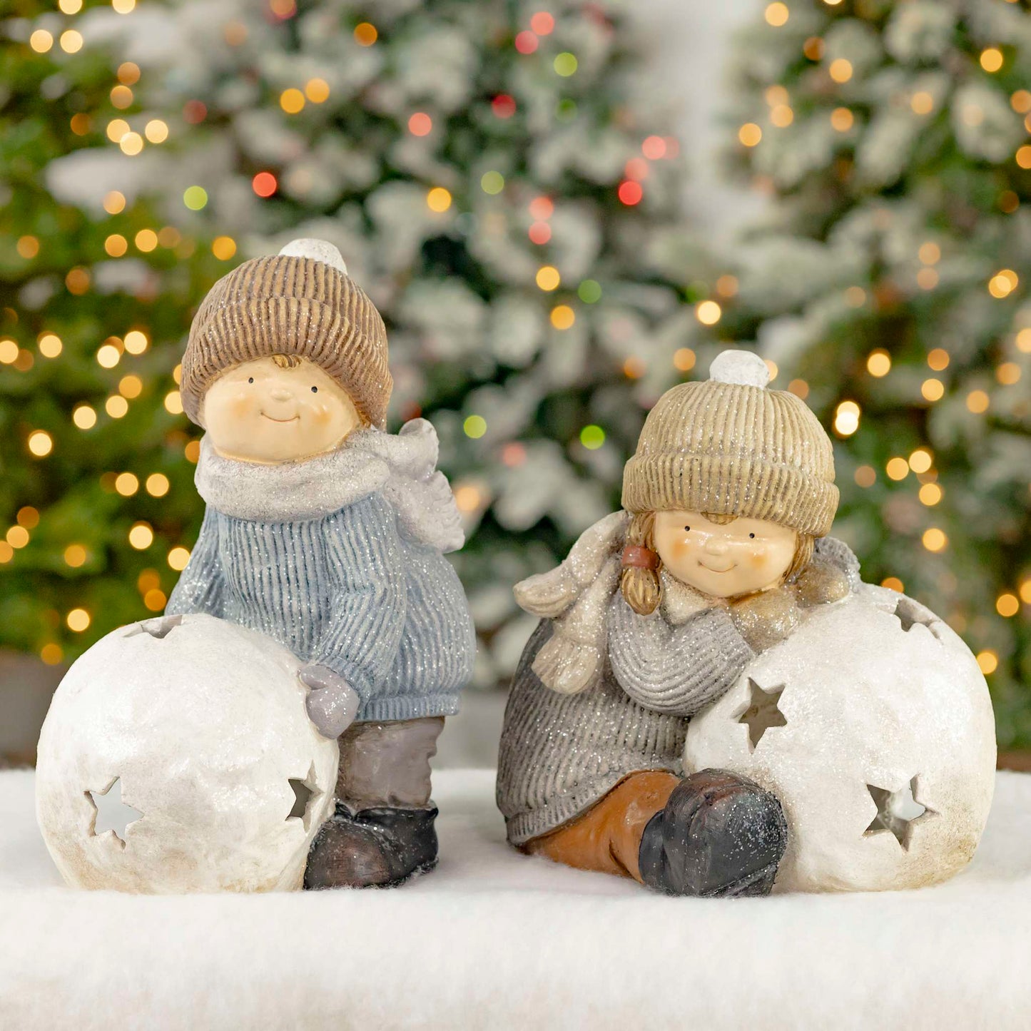 Christmas Set of 2 Tushka Figurines and Snowball Candleholders with Star Cutouts