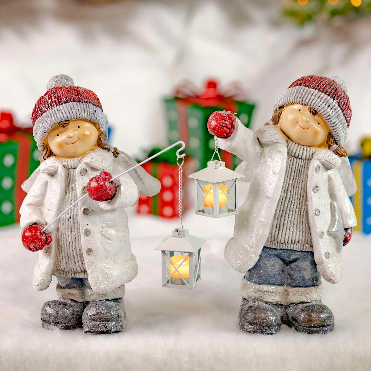 Christmas Set of 2 Angel Tushka Figurines with Red Hats Carrying Lanterns