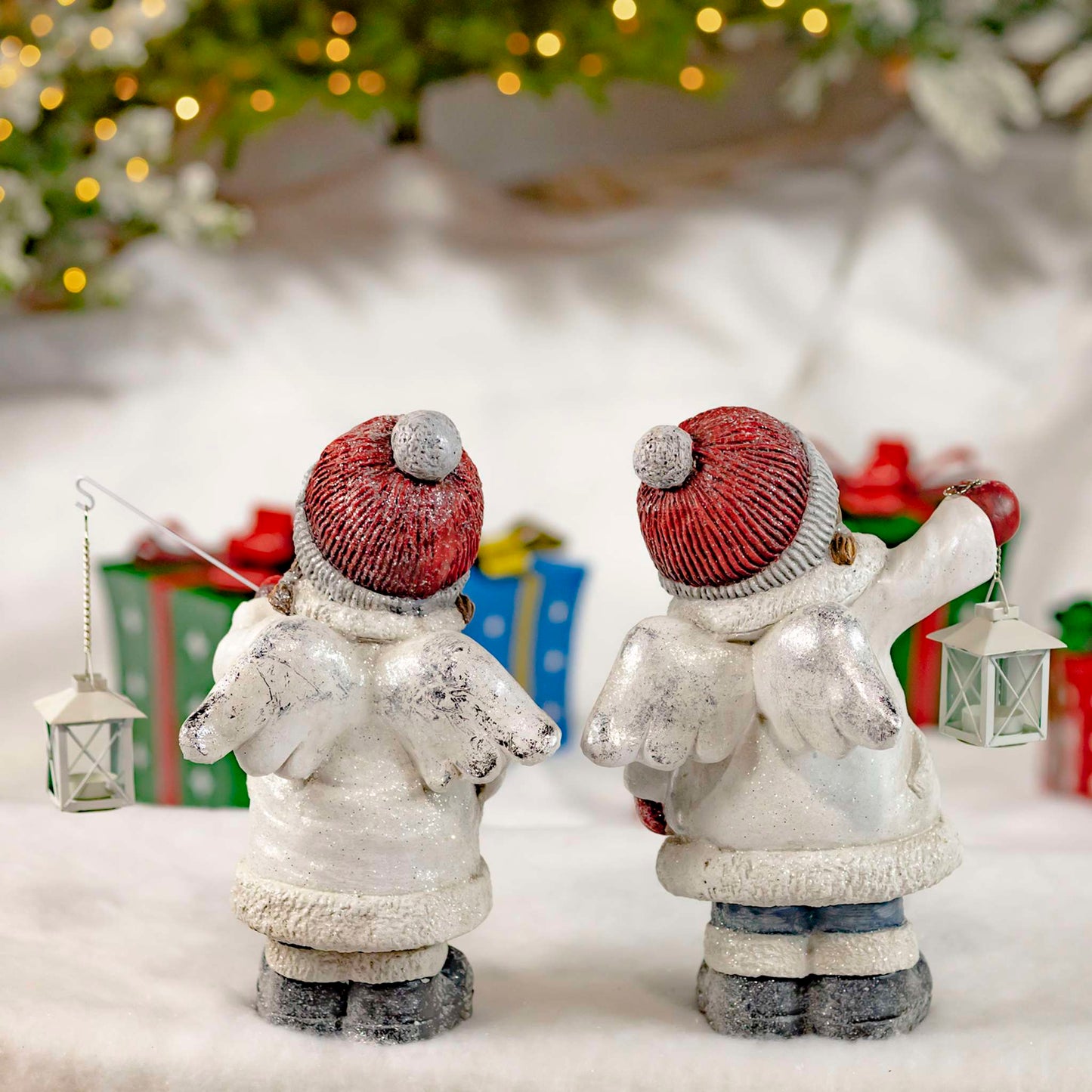 Christmas Set of 2 Angel Tushka Figurines with Red Hats Carrying Lanterns