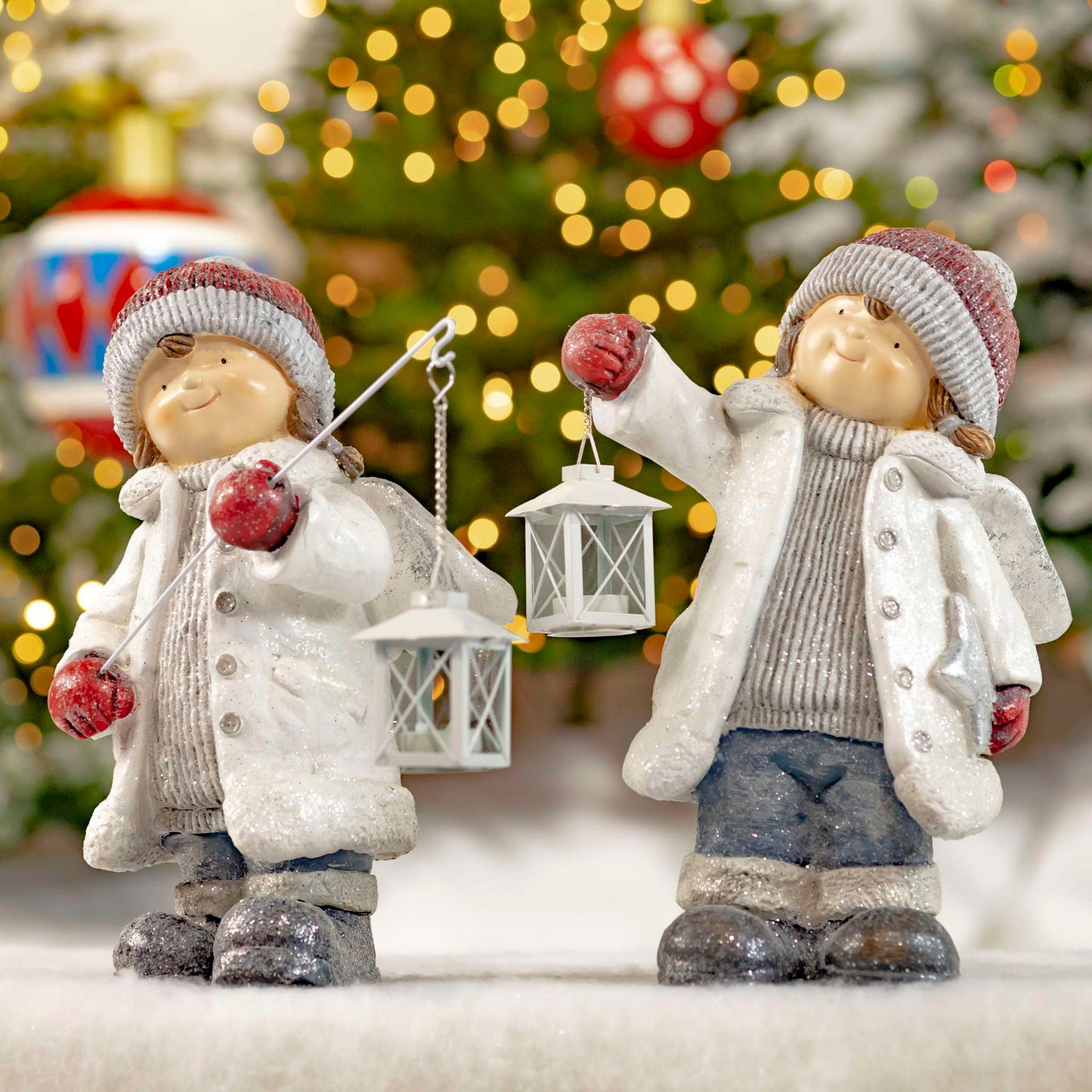 Christmas Set of 2 Angel Tushka Figurines with Red Hats Carrying Lanterns