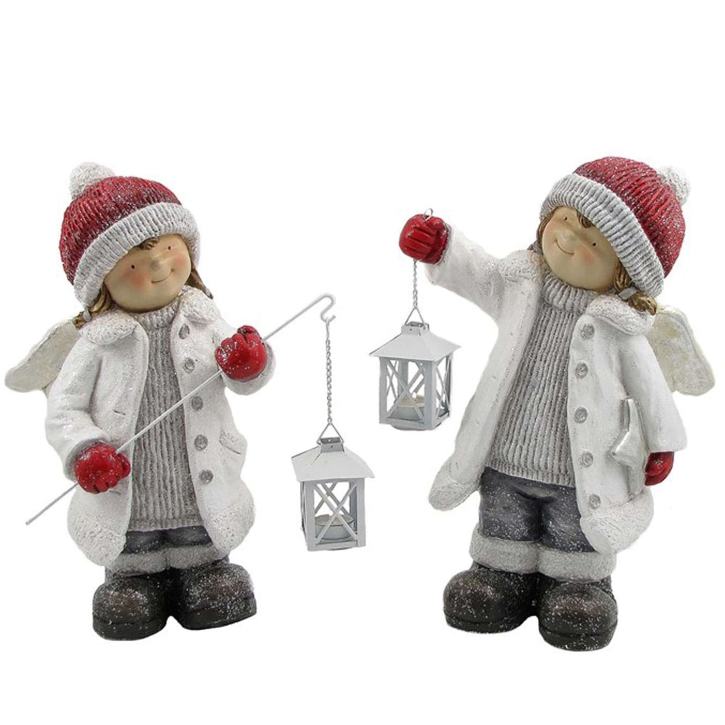 Christmas Set of 2 Angel Tushka Figurines with Red Hats Carrying Lanterns