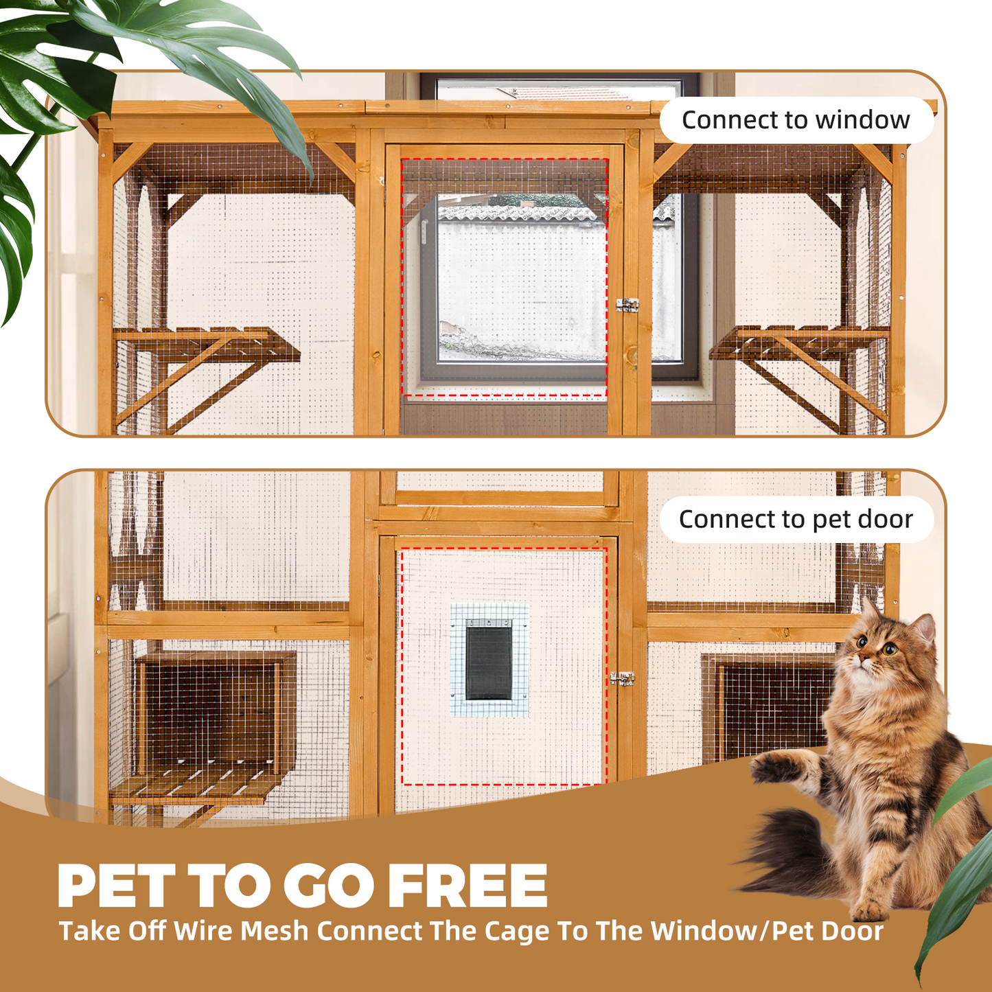 Catio Outdoor Cat Enclosure with Roof 72" Height Cat Wooden House Large Cat Cage with 3 Jumping Platforms and 2 Napping Houses for Cat Activity (Yellow)