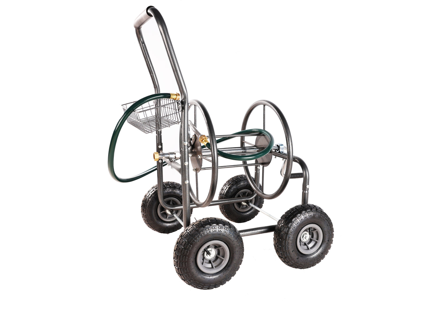 Garden Hose Reel Cart - 4 Wheels Portable Garden Hose Reel Cart with Storage Basket Rust Resistant Heavy Duty Water Hose Holder