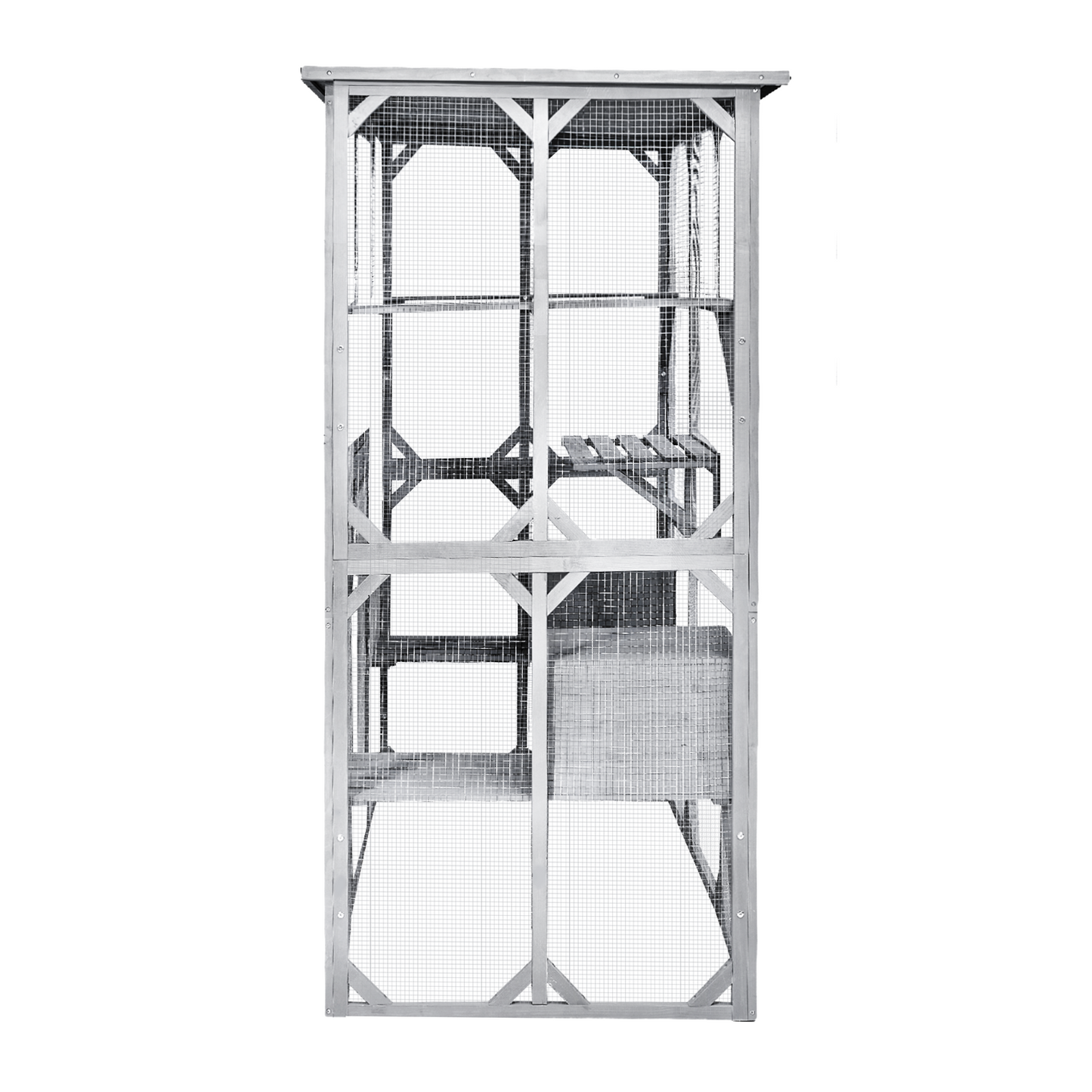 Catio Outdoor Cat Enclosure with Roof 72" Height Cat Wooden House Large Cat Cage with 3 Jumping Platforms and 2 Napping Houses for Cat Activity (Grey)