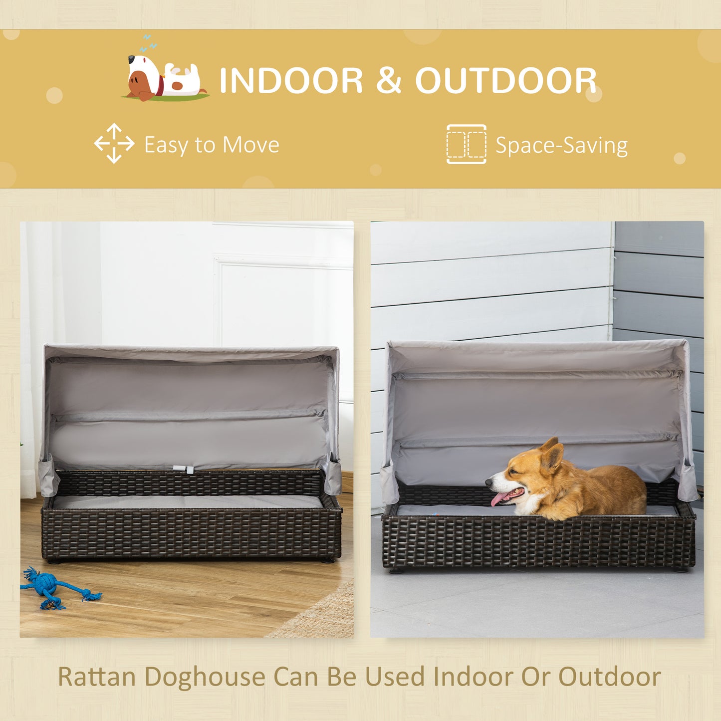 PawHut Rattan Dog Bed, Elevated Pet Sofa, Wicker Cat House, Indoor/Outdoor Use, for Garden Patio with Foldable Canopy, for Small or Medium-Sized Pets, Coffee