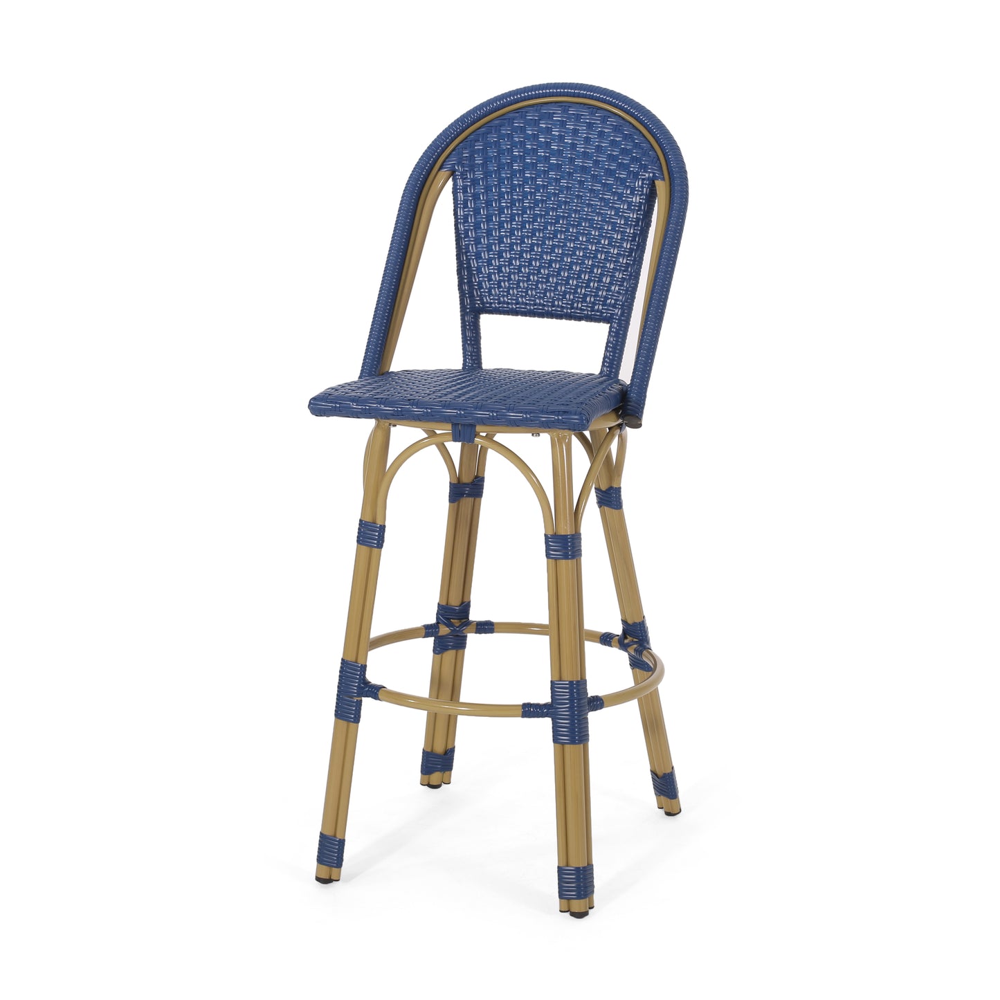 29.5" Outdoor PE Rattan and Aluminum French Barstools, Set of 2, Navy Blue and Bamboo Finish