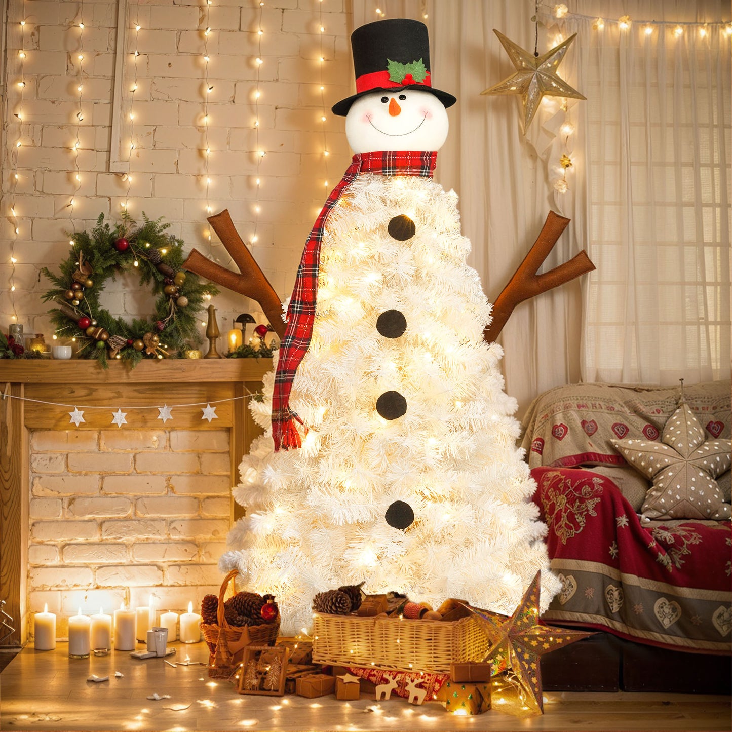 4ft Pre-lit Christmas Tree with 100 Lights, Snowman-Shaped Artificial Christmas Tree,  Xmas Tree with 380 Branch Tips, PVC Festival Celebration Decoration Inside and Outside