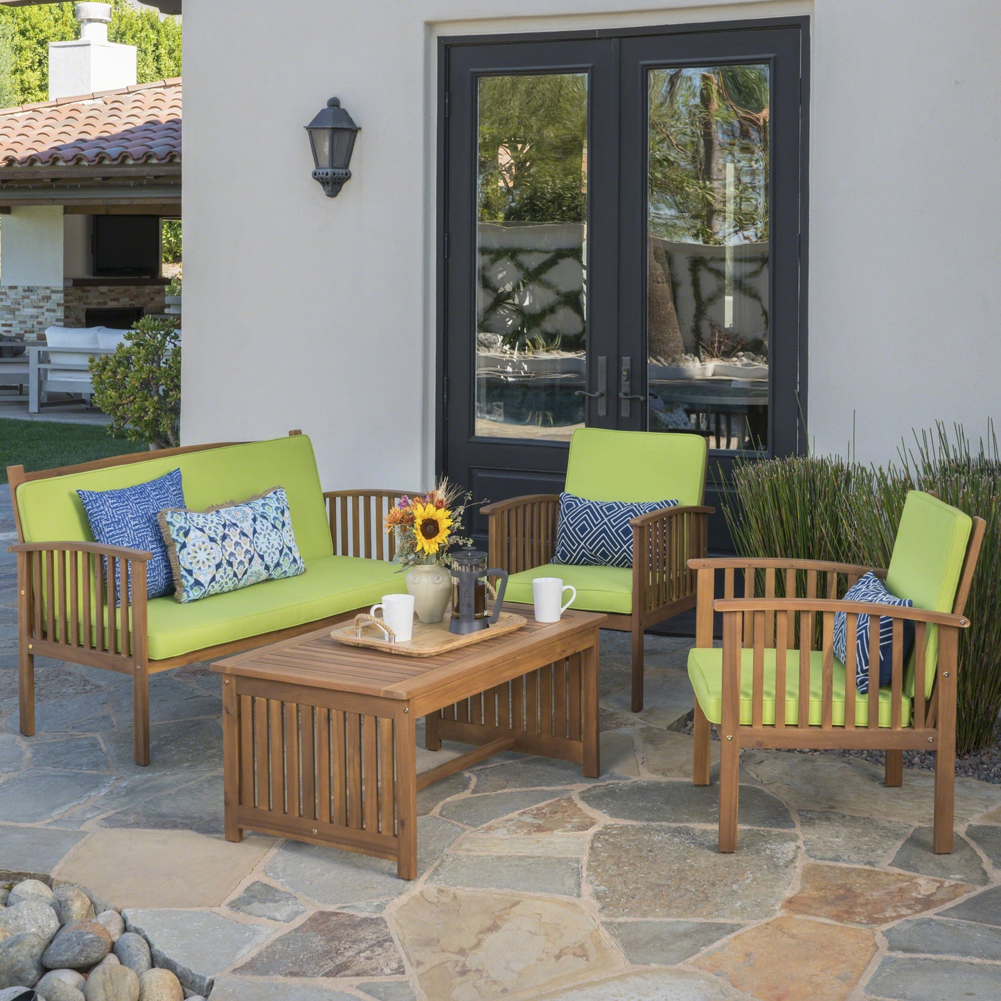 Outdoor Acacia Wood Sofa Set with Water Resistant Cushions, 4-Pcs Set, Brown Patina / Light Green