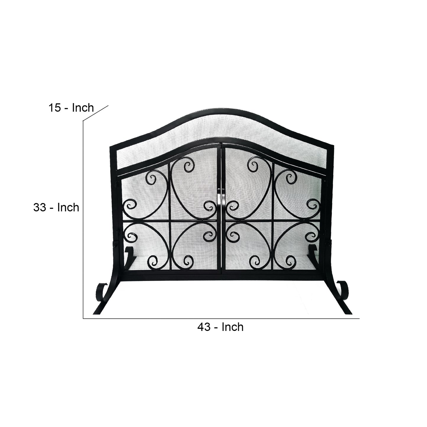 43 Inches 2 Door Iron Fireplace Screen, Mesh Design, Scrollwork, Black