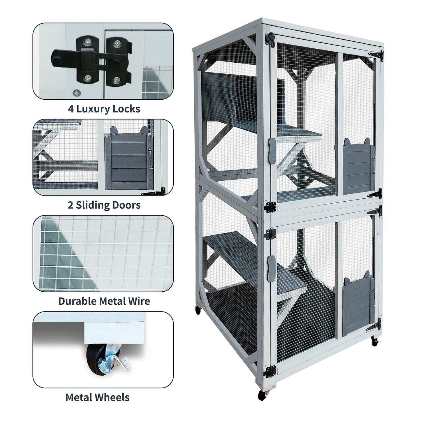 30.7"  Wooden Catio Outdoor Cat Enclosure, Luxury Cat House on Wheels with Napping House, 4 Platforms & Weatherproof Asphalt Roof, Large Kitty Cat Condo Cage Shelter Playpen with Sliding Doors