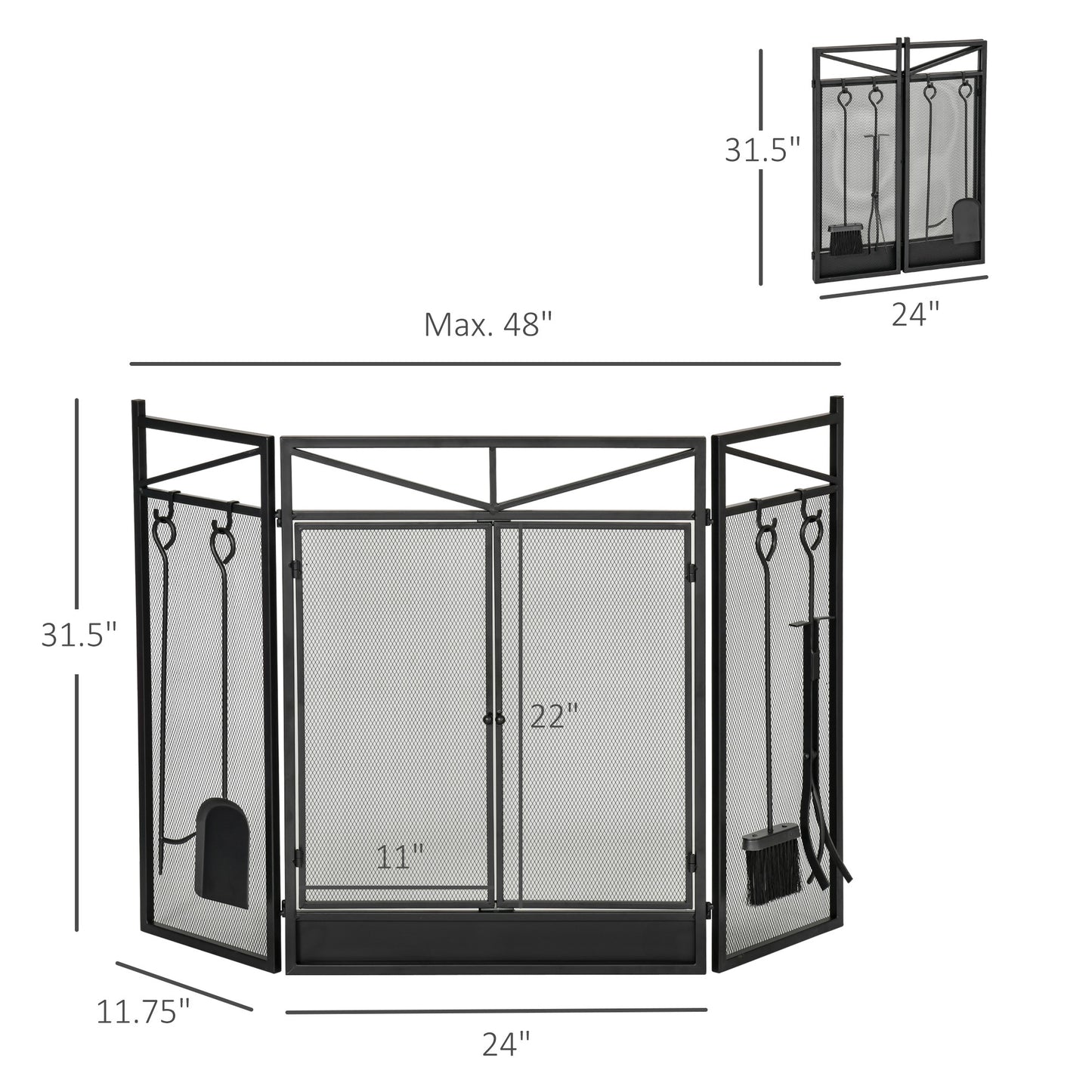 3-Panel Folding Fireplace Screen with 2 Magnetic Doors and Fire Place Tools Set, Fire Spark Guard for Wood Burning, with Brush, Shovel, Poker, Firewood Tongs, 48" x 0.75", Black