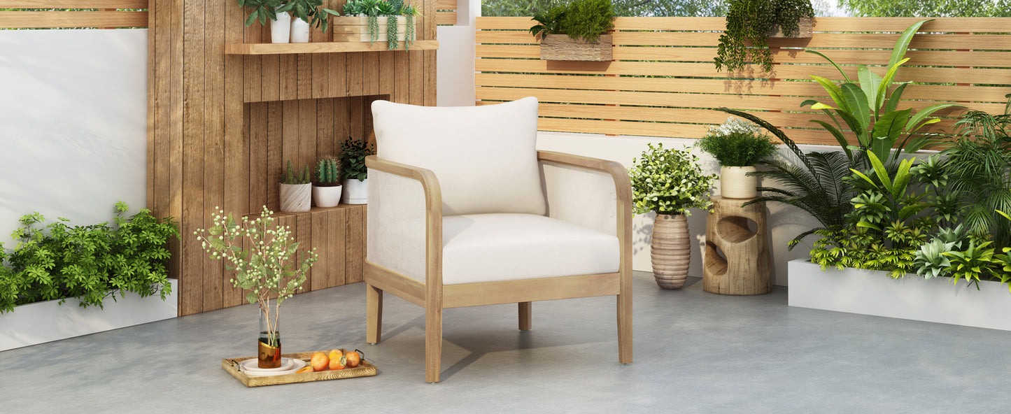 Outdoor Acacia Wood Patio Club Chair, Textilene Patio Furniture,Waterproof Thick Cushion Deep Seating for Porch, Garden, Backyard, Balcony, Weight Capacity 400lbs, Light Teak Finish, Beige