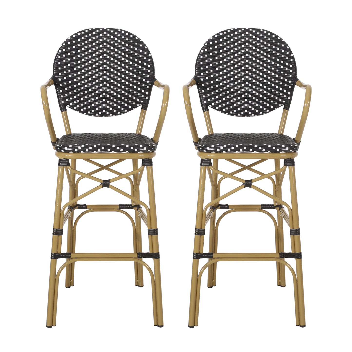 Outdoor Wicker and Aluminum 29.5" French Barstools, Set of 2, Black, Bamboo Print Finish