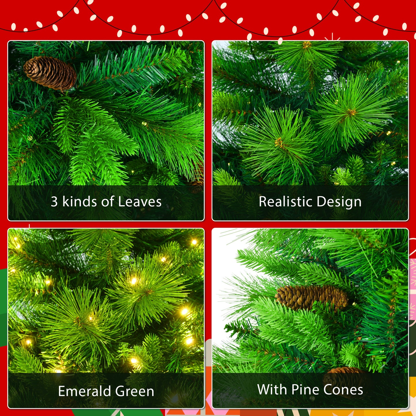 6FT Grass Green Christmas Tree, Large Branches Pine Tree, Pre-Lit Set with Tree & Garland & Wreath, Artificial Christmas with Pine Cones, Hinged Xmas Tree , for Holiday Party Ofiice Home