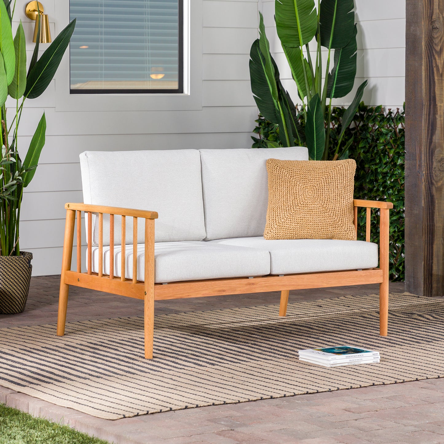 Contemporary Cushioned Eucalyptus Wood Patio Loveseat – Natural